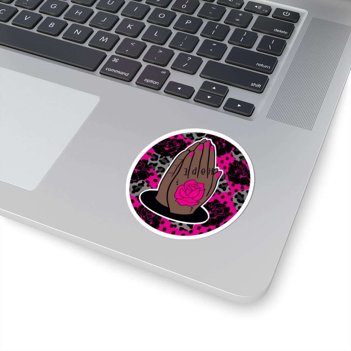 Praying Hands Rose Sticker — Pink Leopard Kiss-Cut Vinyl Sticker