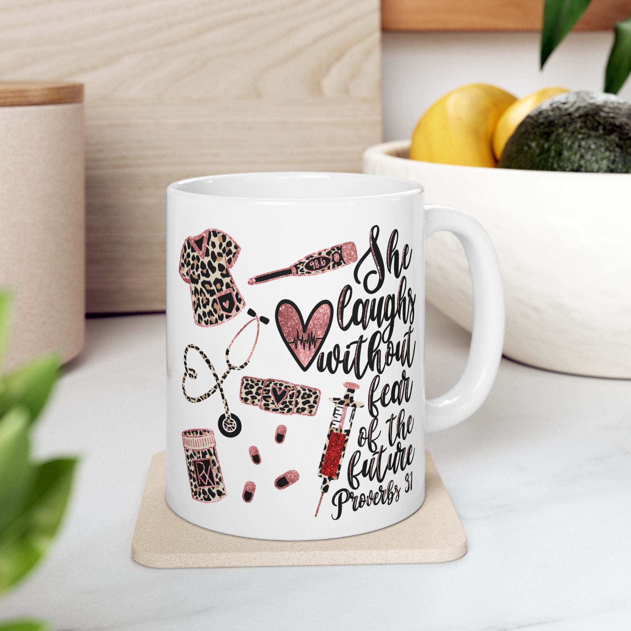 She Laughs Without Fear Coffee Nurse Mug — Proverbs 31 Nursing Leopard Ceramic Mug (11oz/15oz)
