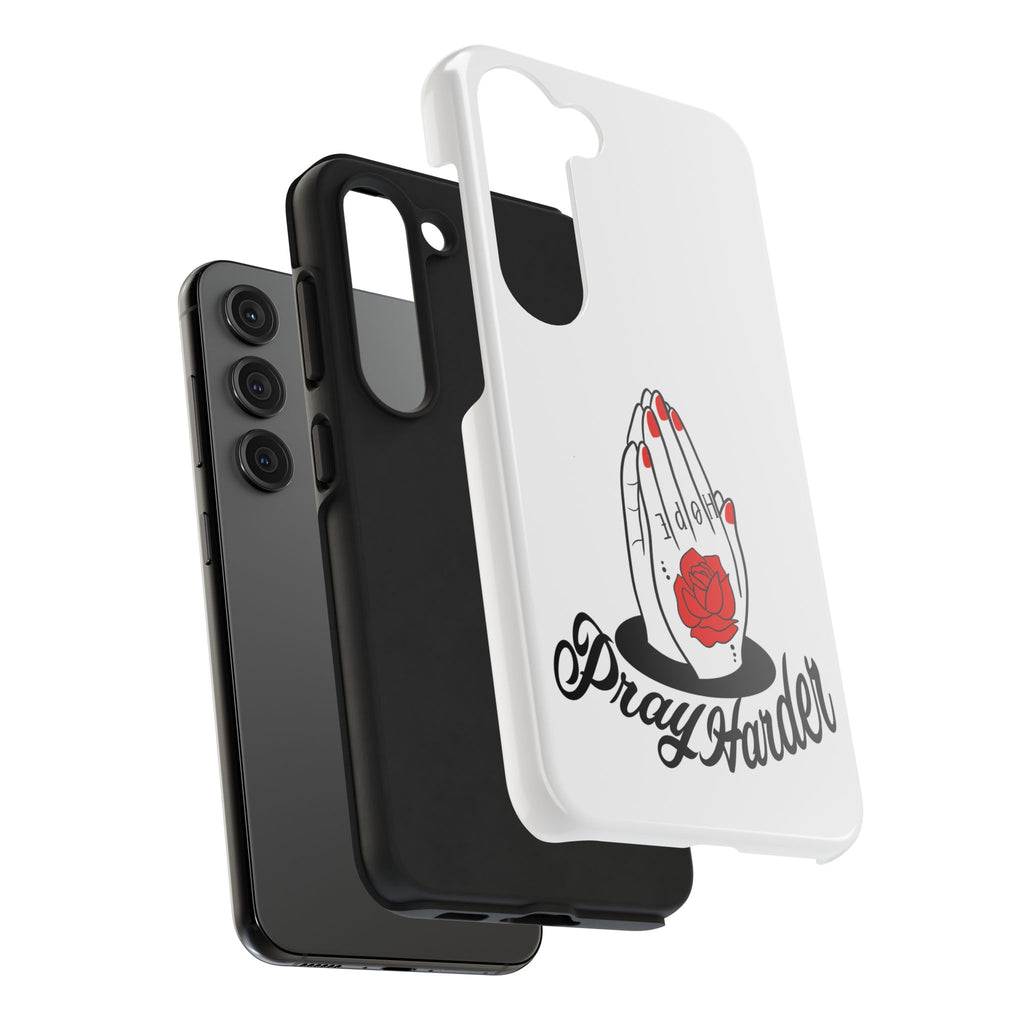 Pray Harder Phone Case — Tough Protective Phone Cover with Praying Hands & Rose Design