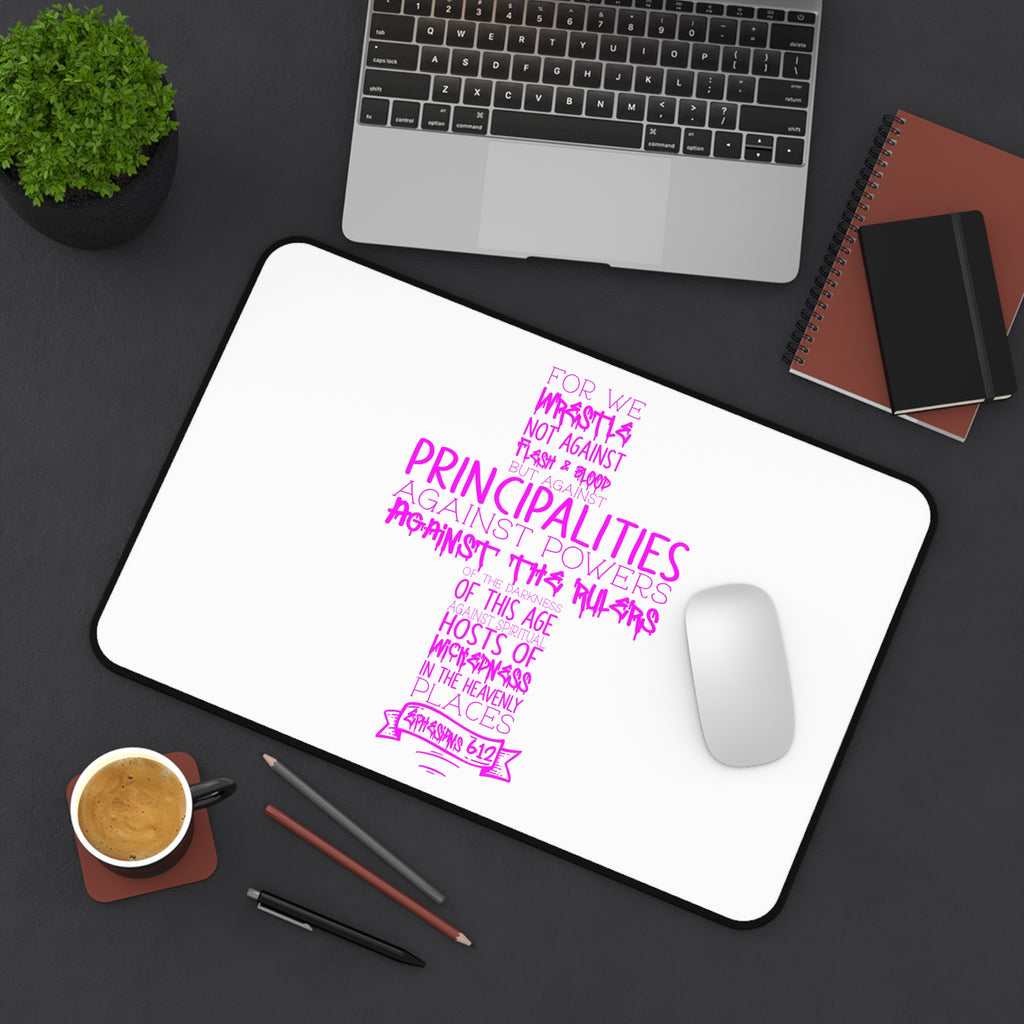 Christian Cross Desk Mat with Ephesians 6 Armor of God Scripture — Pink Typography Mouse Pad