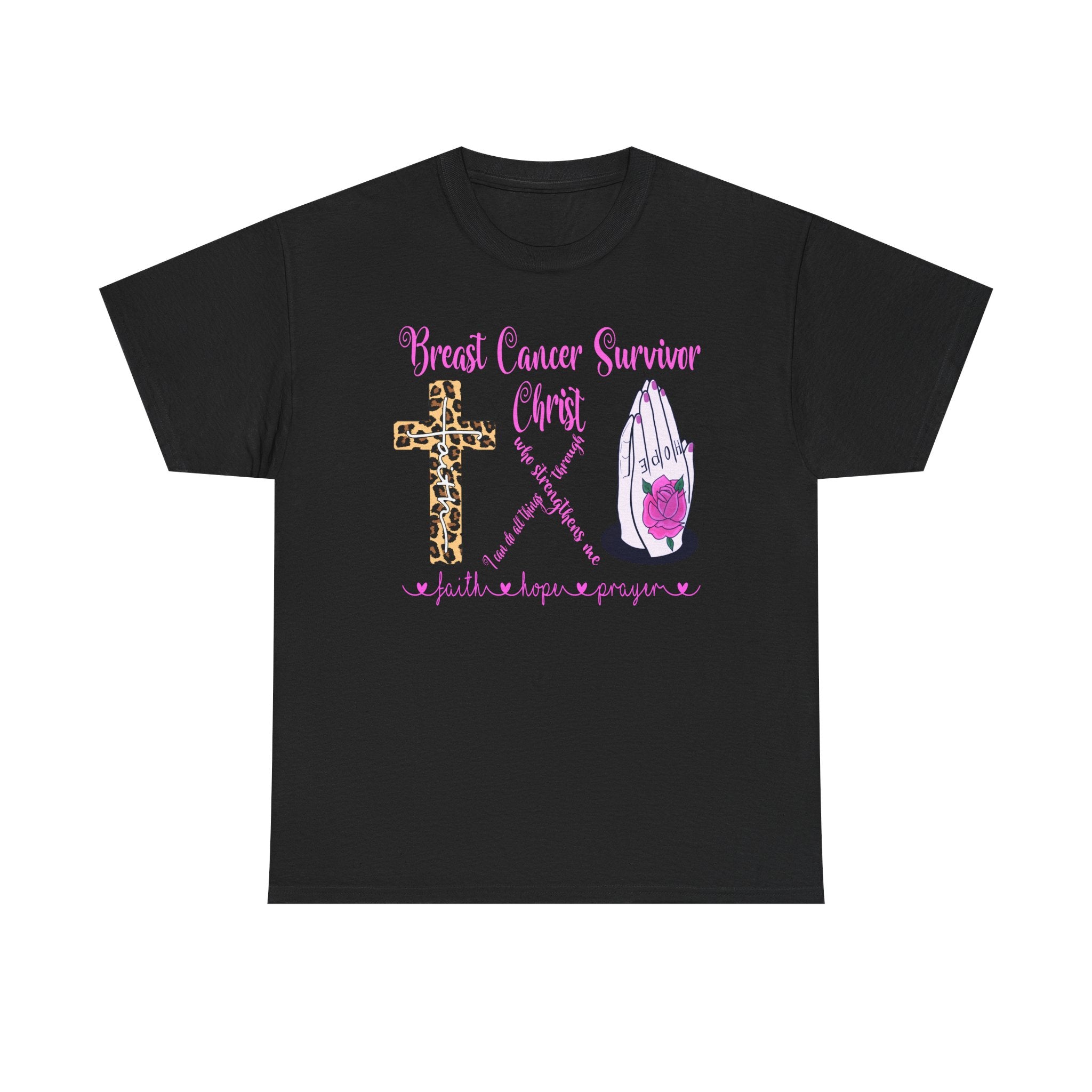 Breast Cancer Survivor Tee – Leopard Cross & Praying Hands Pink Ribbon Shirt