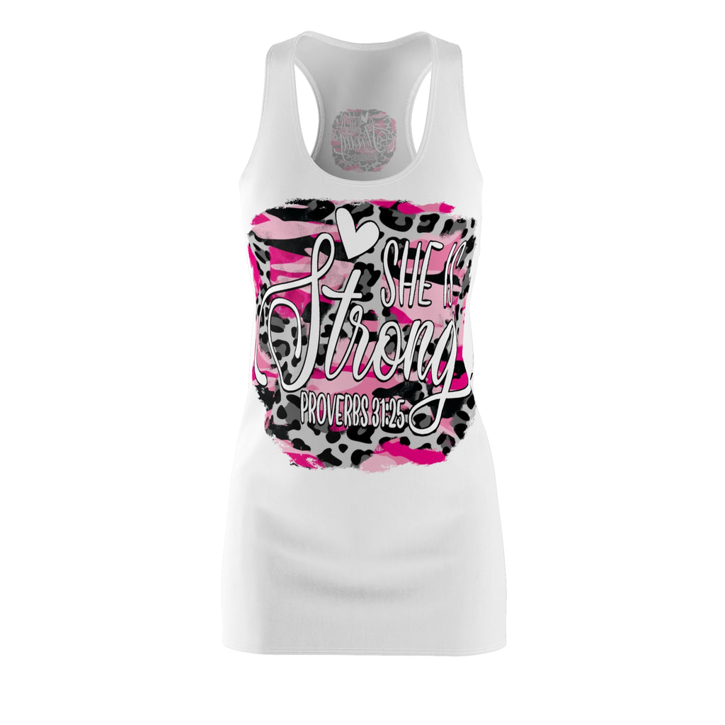 She Is Strong Racerback Dress – Pink Leopard Inspirational Dress (Proverbs 31:25)