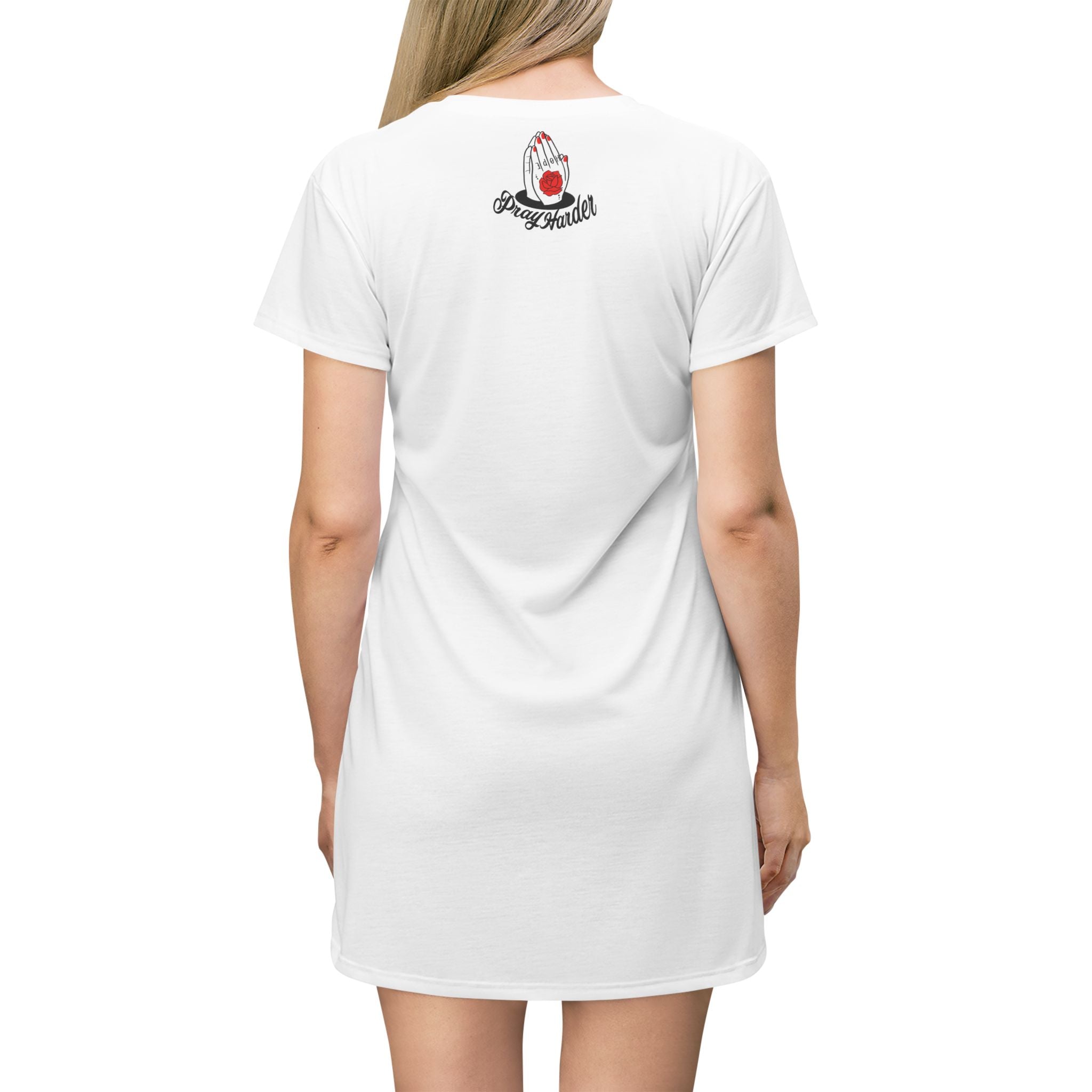 Pray Harder T‑Shirt Dress — Graphic Prayer Hands with Rose