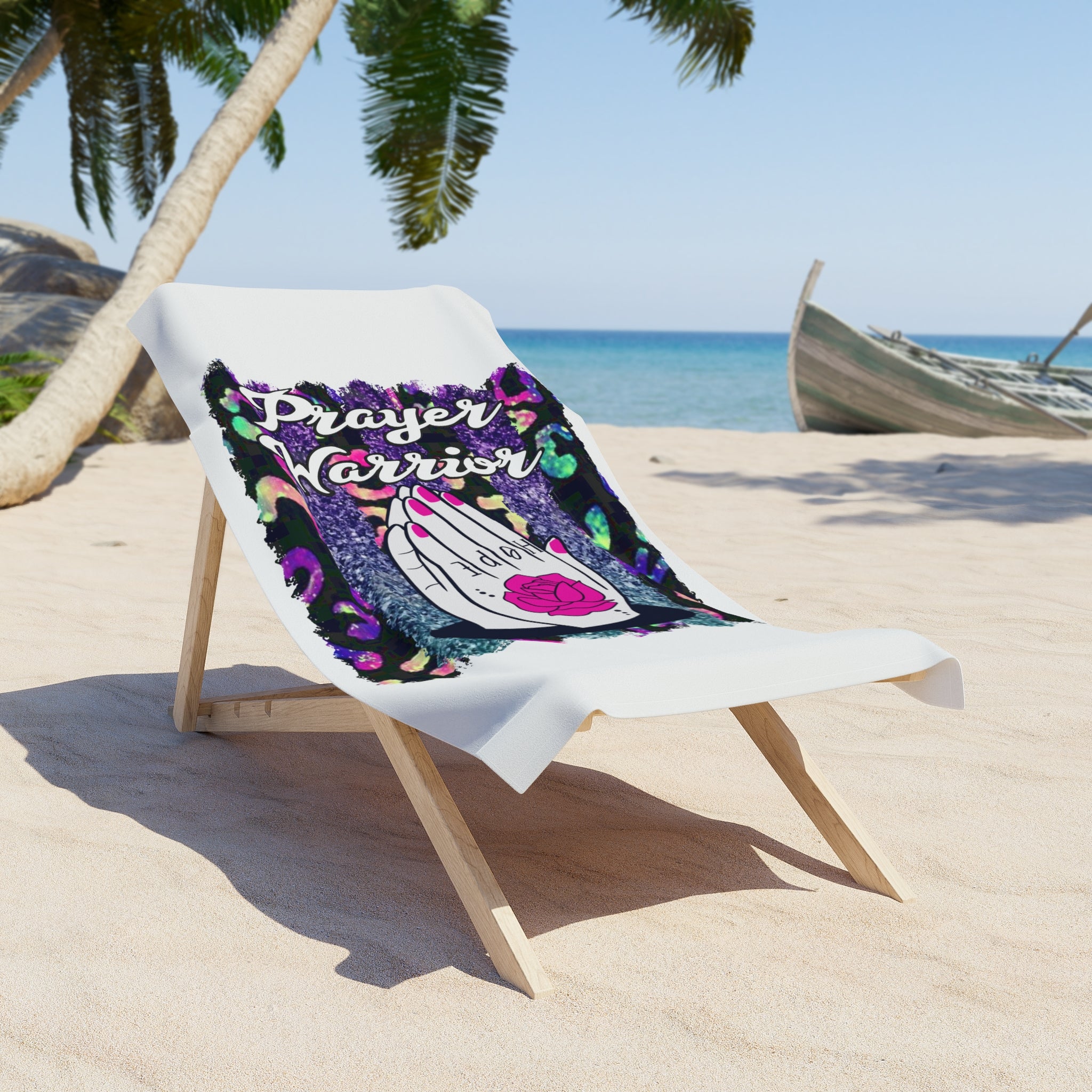 Prayer Warrior Beach Towel — Floral Praying Hands Script Design