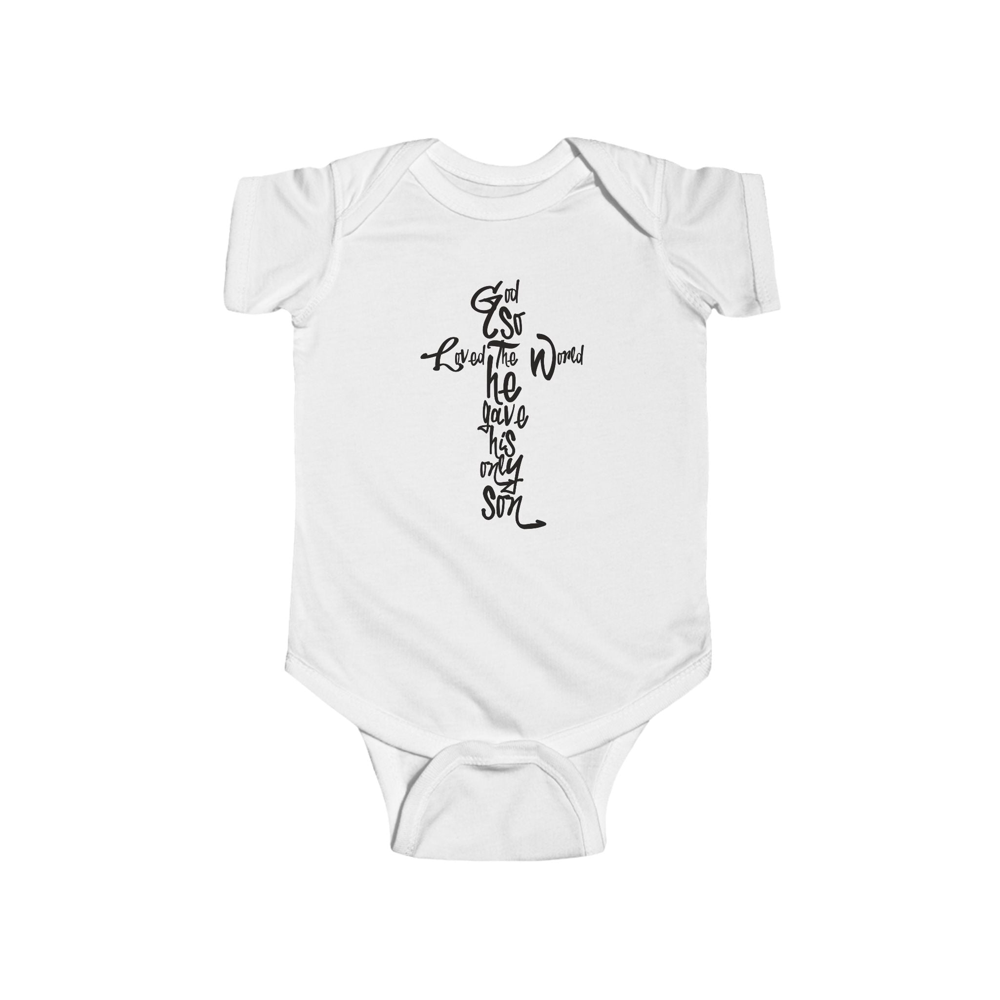 Infant Bodysuit with Cross Calligraphy John 3:16 — Christian Baby Onesie, Religious Gift