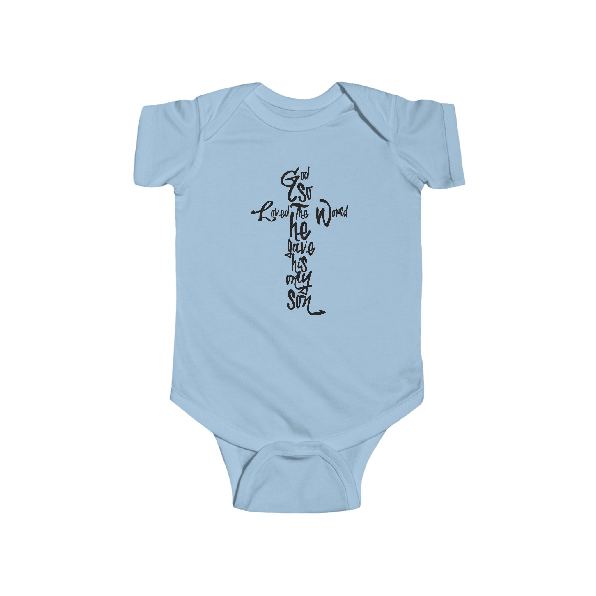 Infant Bodysuit with Cross Calligraphy John 3:16 — Christian Baby Onesie, Religious Gift