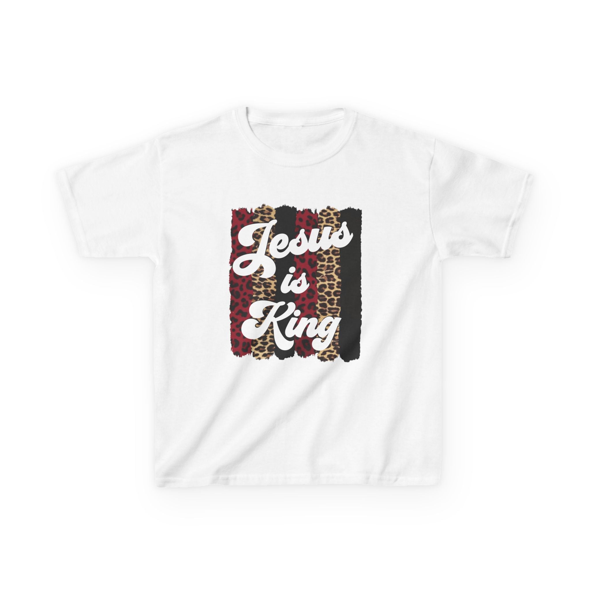 Kids Tee — "Jesus is King" Leopard & Plaid Christian Graphic