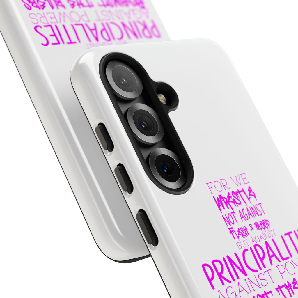Armor of God Christian Cross Phone Case — Ephesians 6:12 Pink Typography Tough Case