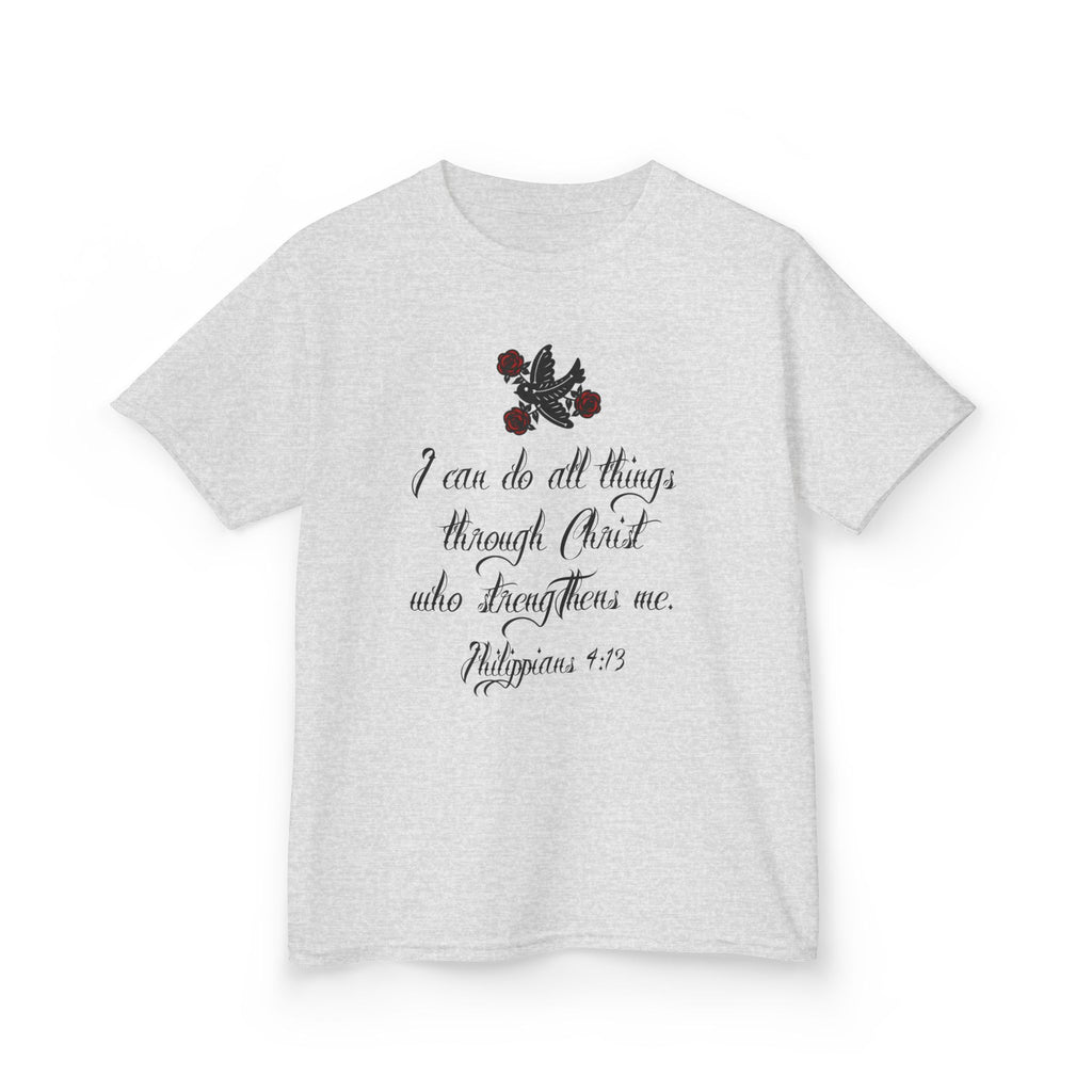 Kids Tee — "I can do all things through Christ" Scripture Floral Christian Shirt