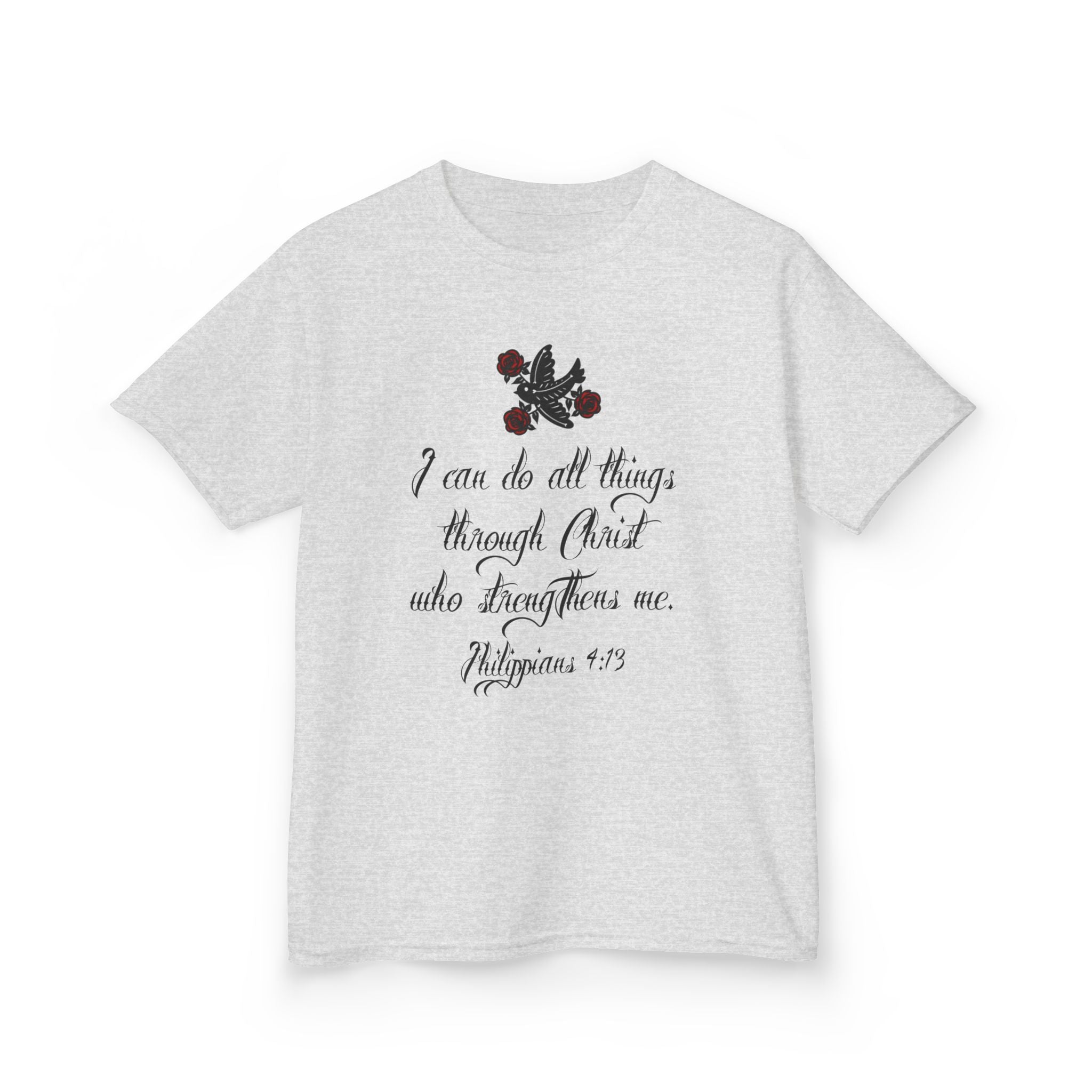 Kids Tee — "I can do all things through Christ" Scripture Floral Christian Shirt