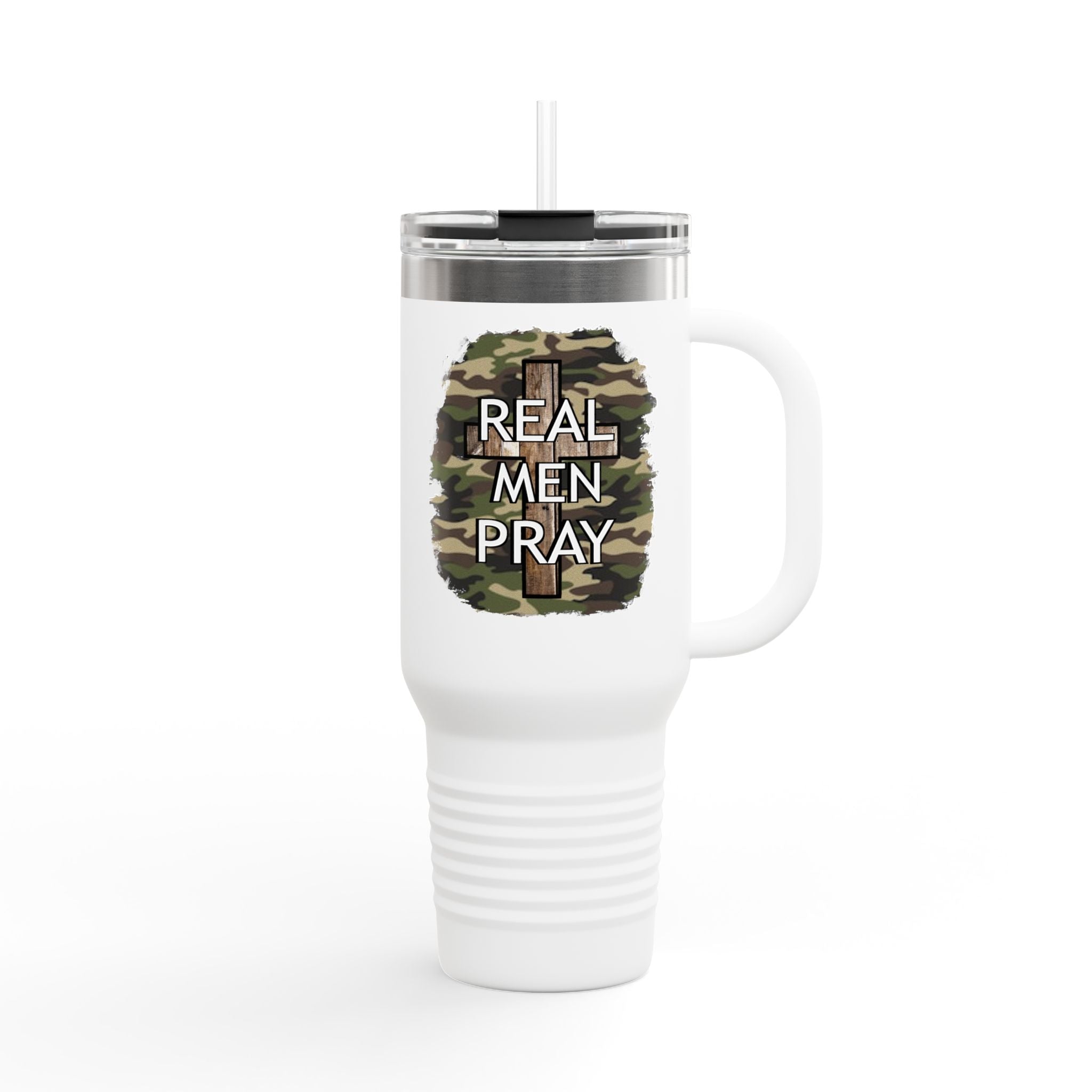 40oz Insulated Travel Mug — "Real Men Pray" Camouflage Cross Design