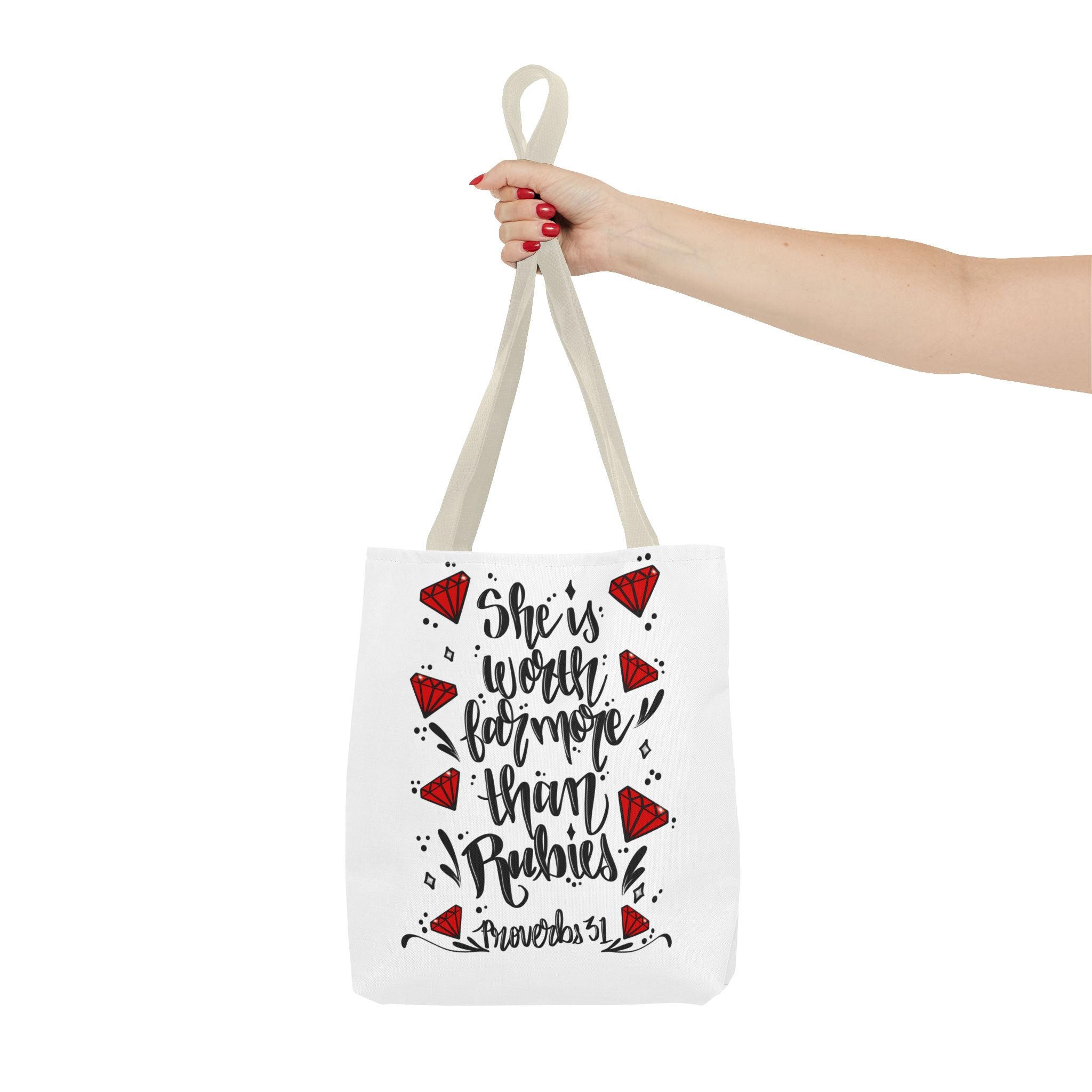 Tote Bag — "She’s Worth Far More Than Rubies" Inspirational Proverbs 31 Scripture Tote