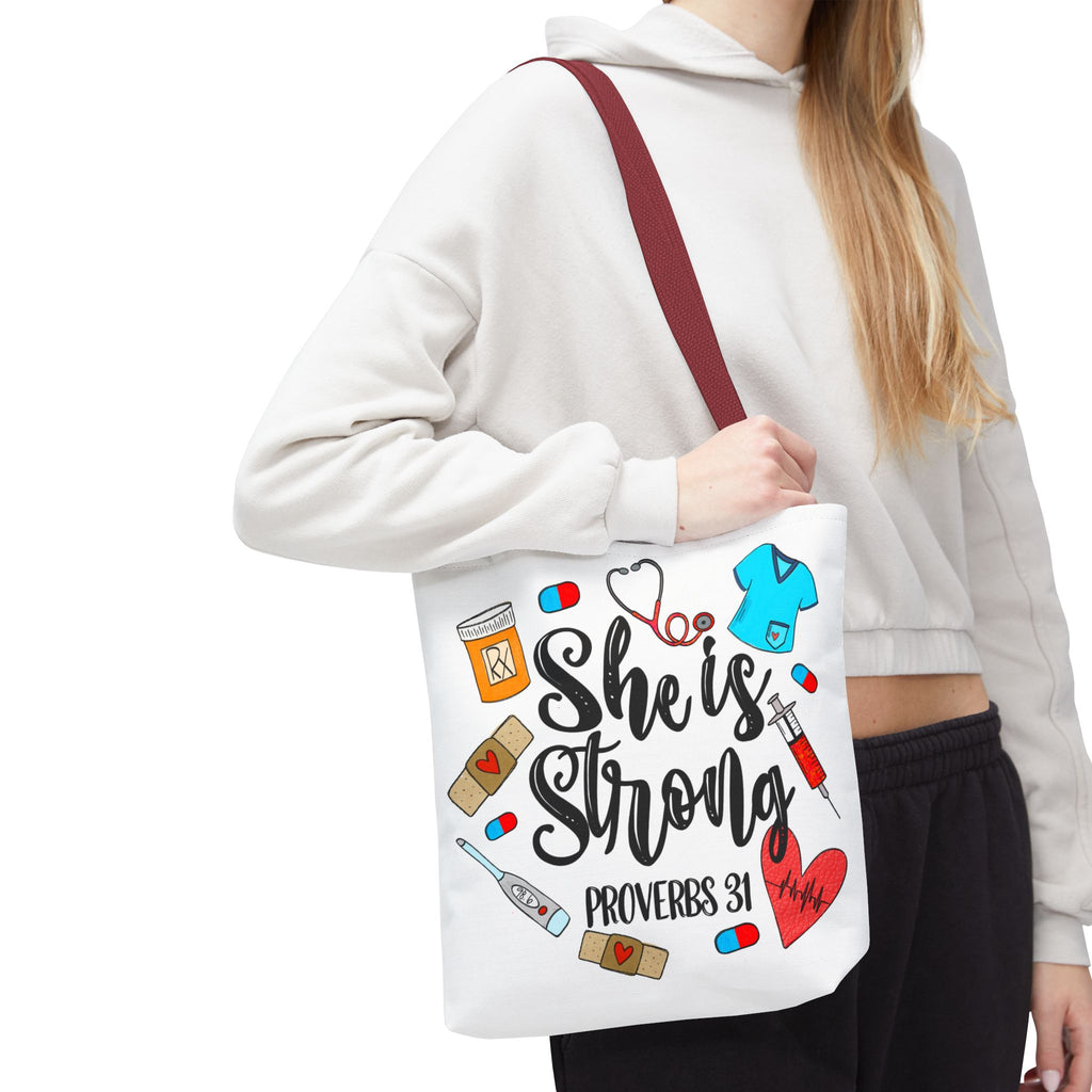 She Is Strong Tote Bag - Proverbs 31 Nurse & Healthcare Inspirational Canvas Tote
