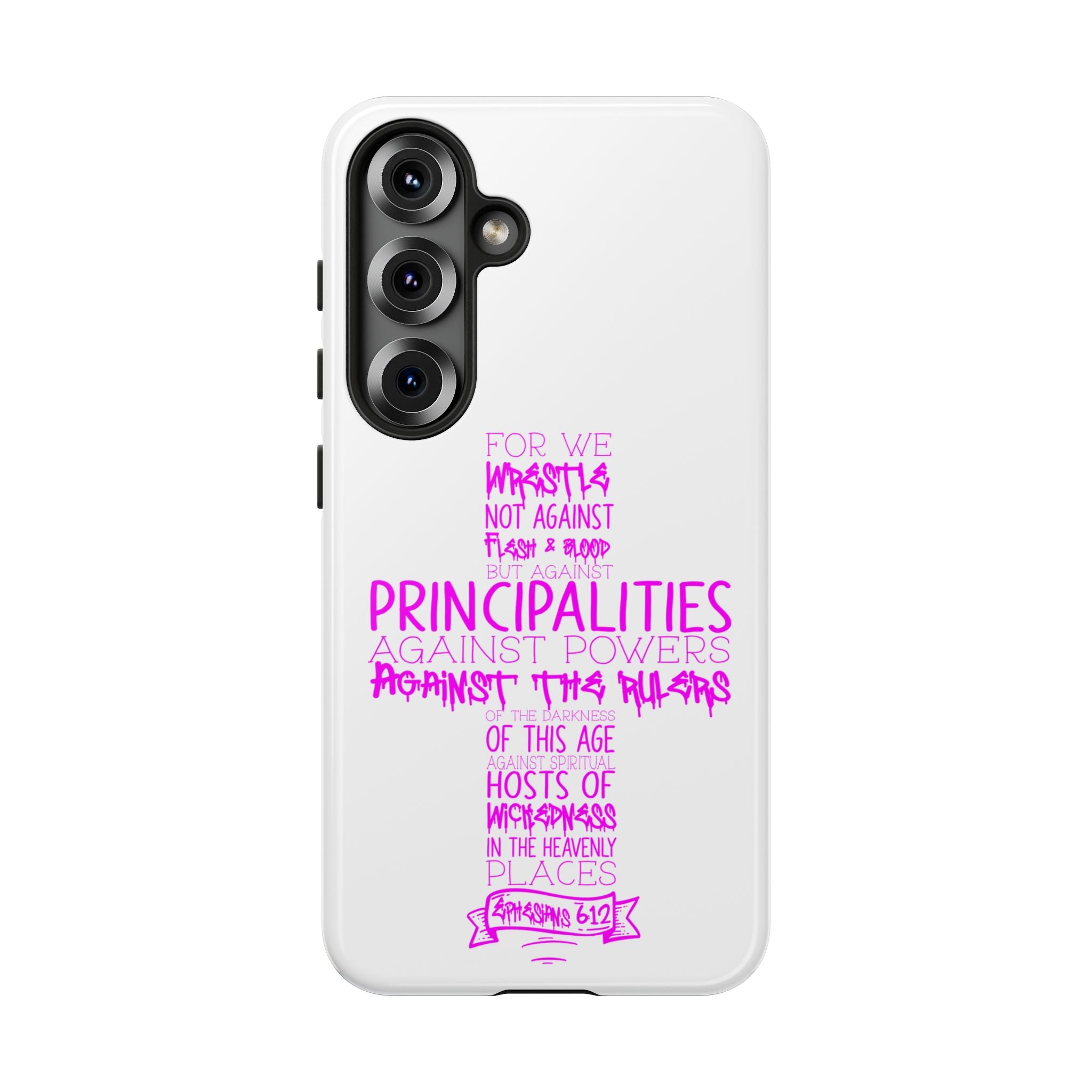 Armor of God Christian Cross Phone Case — Ephesians 6:12 Pink Typography Tough Case