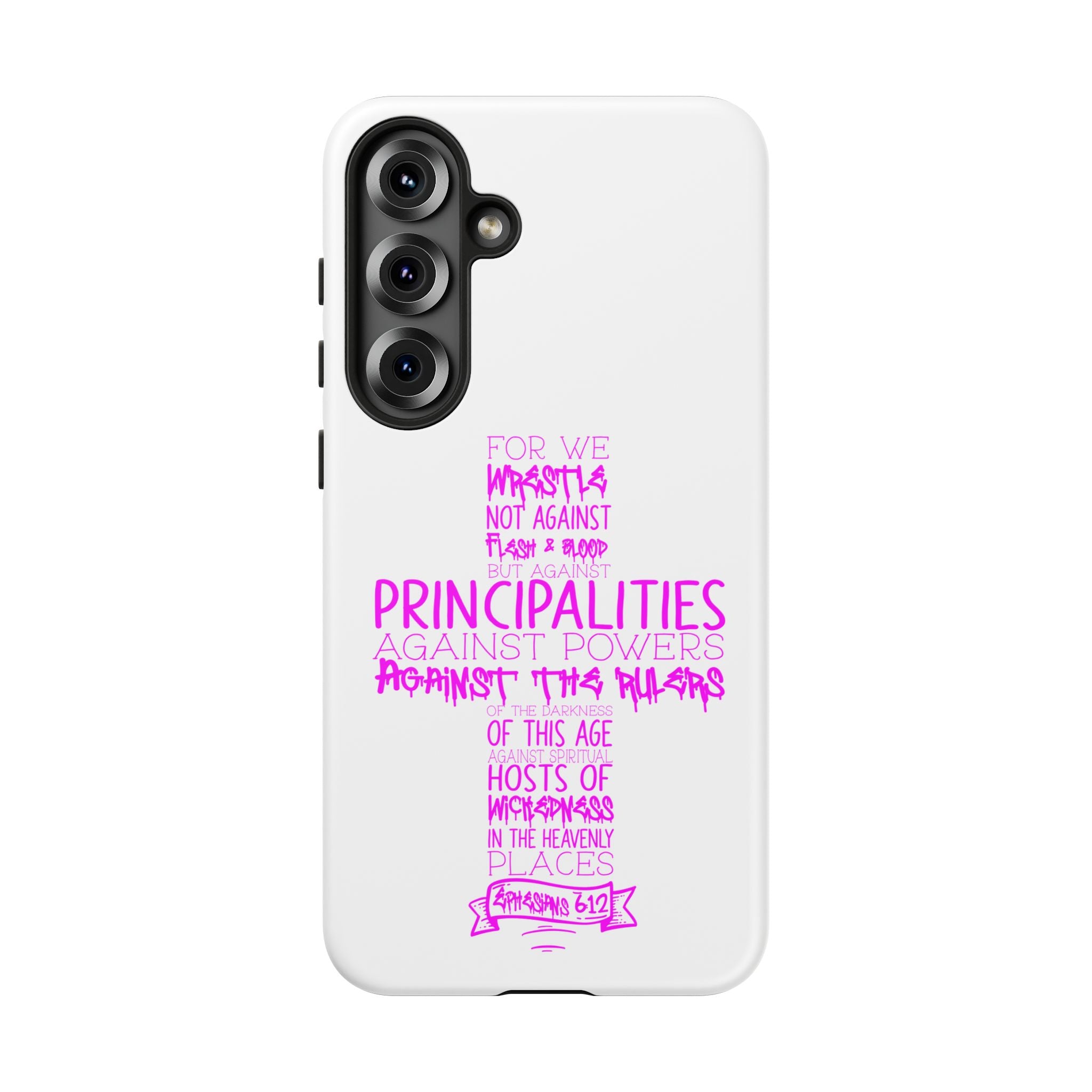 Armor of God Christian Cross Phone Case — Ephesians 6:12 Pink Typography Tough Case