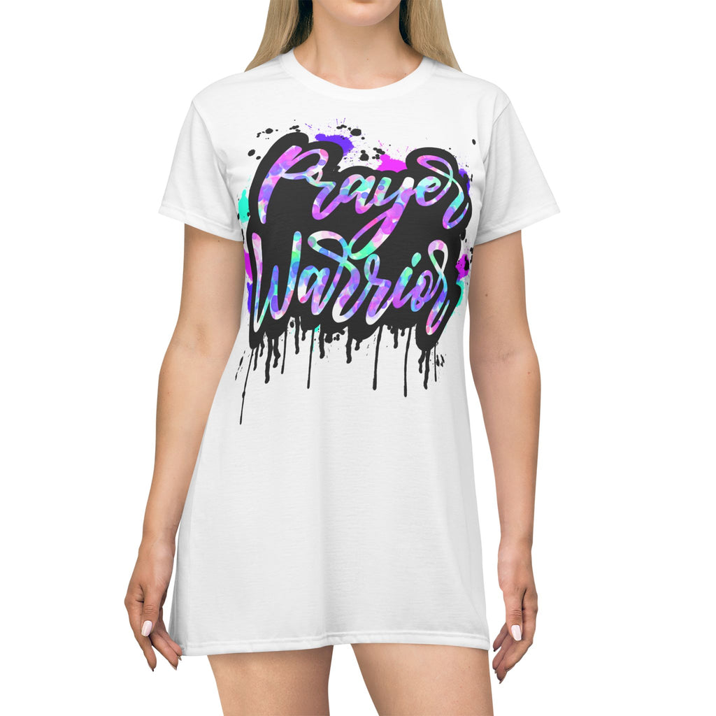 Prayer Warrior T‑Shirt Dress — Faith Graphic Dress with Colorful Graffiti Script