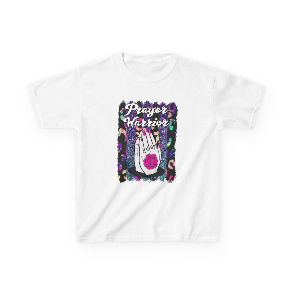 Prayer Warrior Kids T‑Shirt — Colorful Praying Hands with Rose Graphic