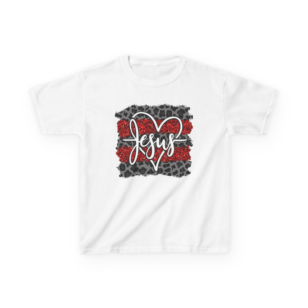 Kids Tee — 'Jesus' Heart Leopard & Red Stripe Christian Shirt