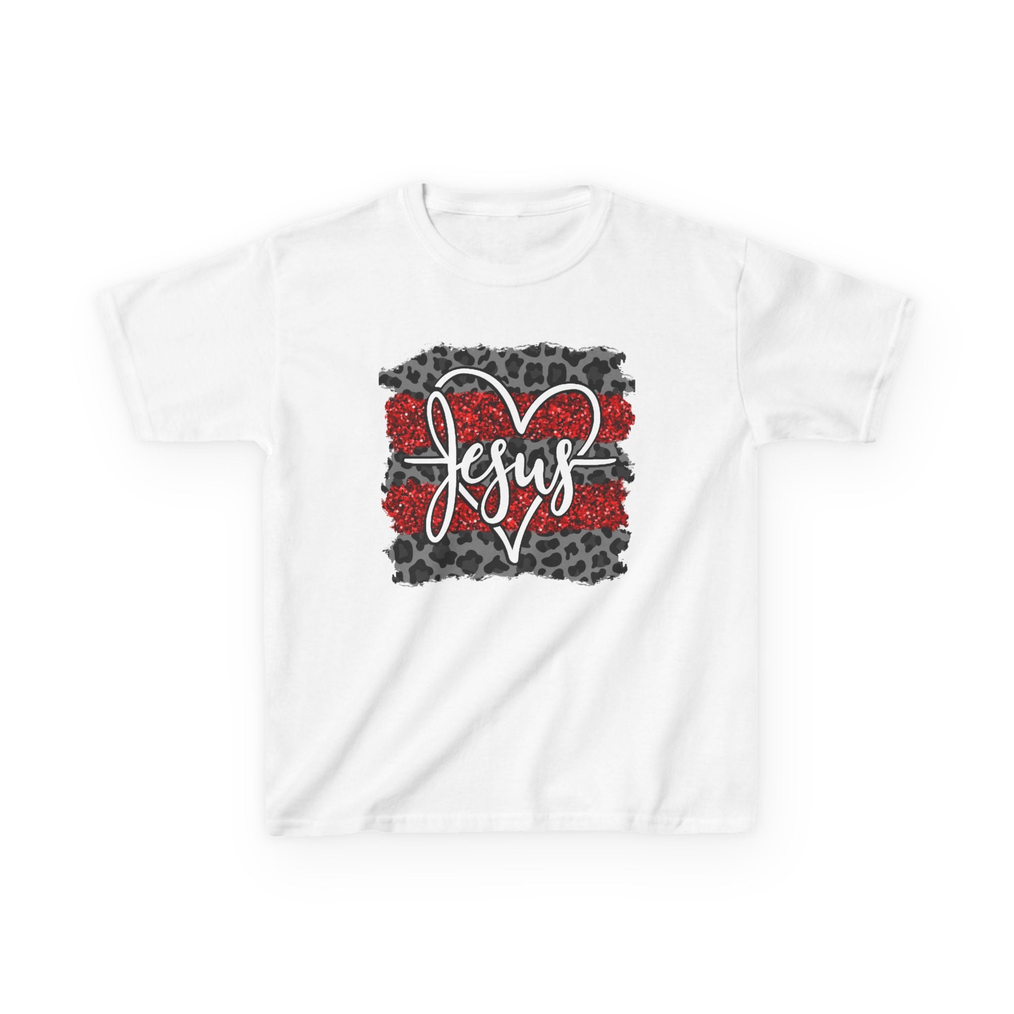 Kids Tee — 'Jesus' Heart Leopard & Red Stripe Christian Shirt