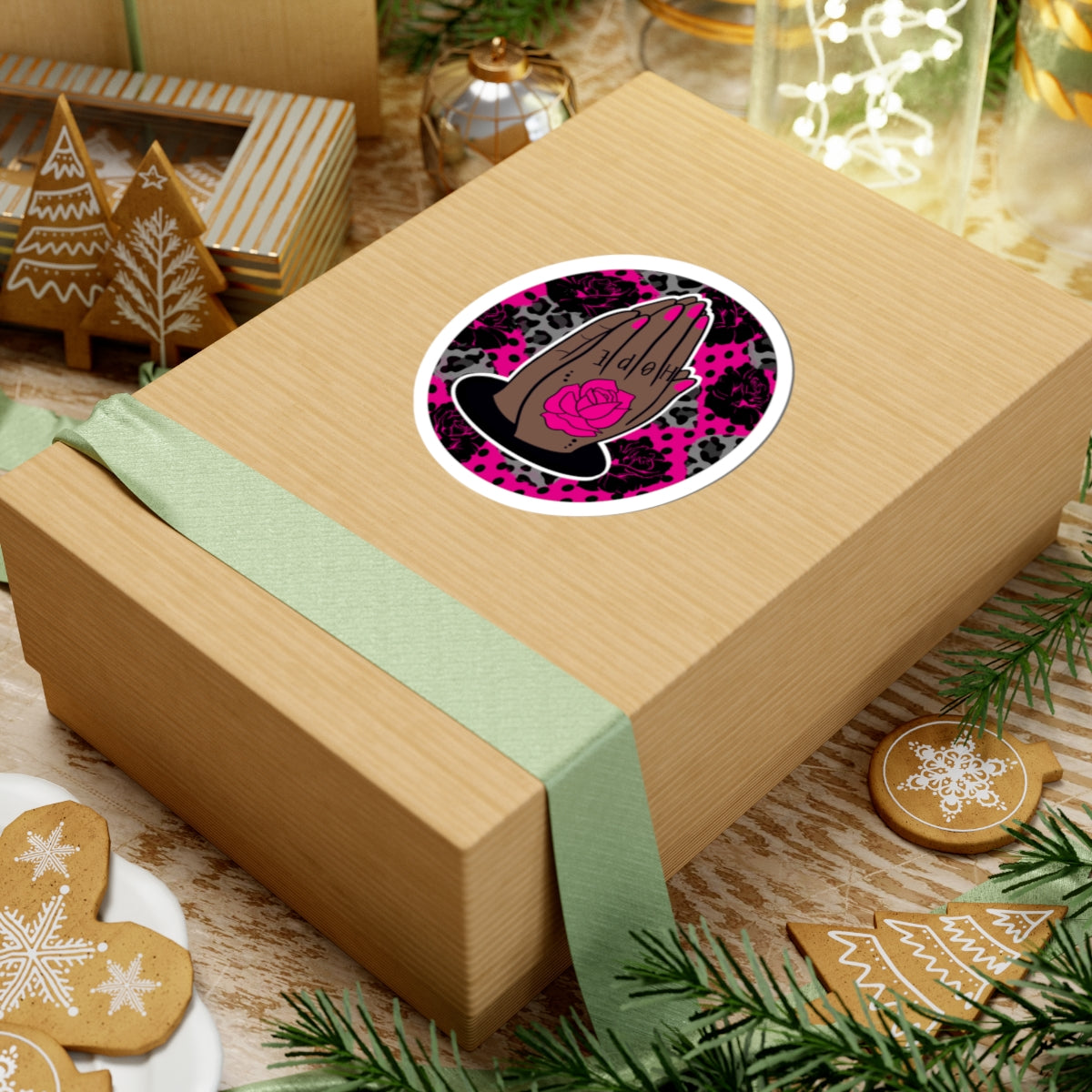 Praying Hands Rose Sticker — Pink Leopard Kiss-Cut Vinyl Sticker