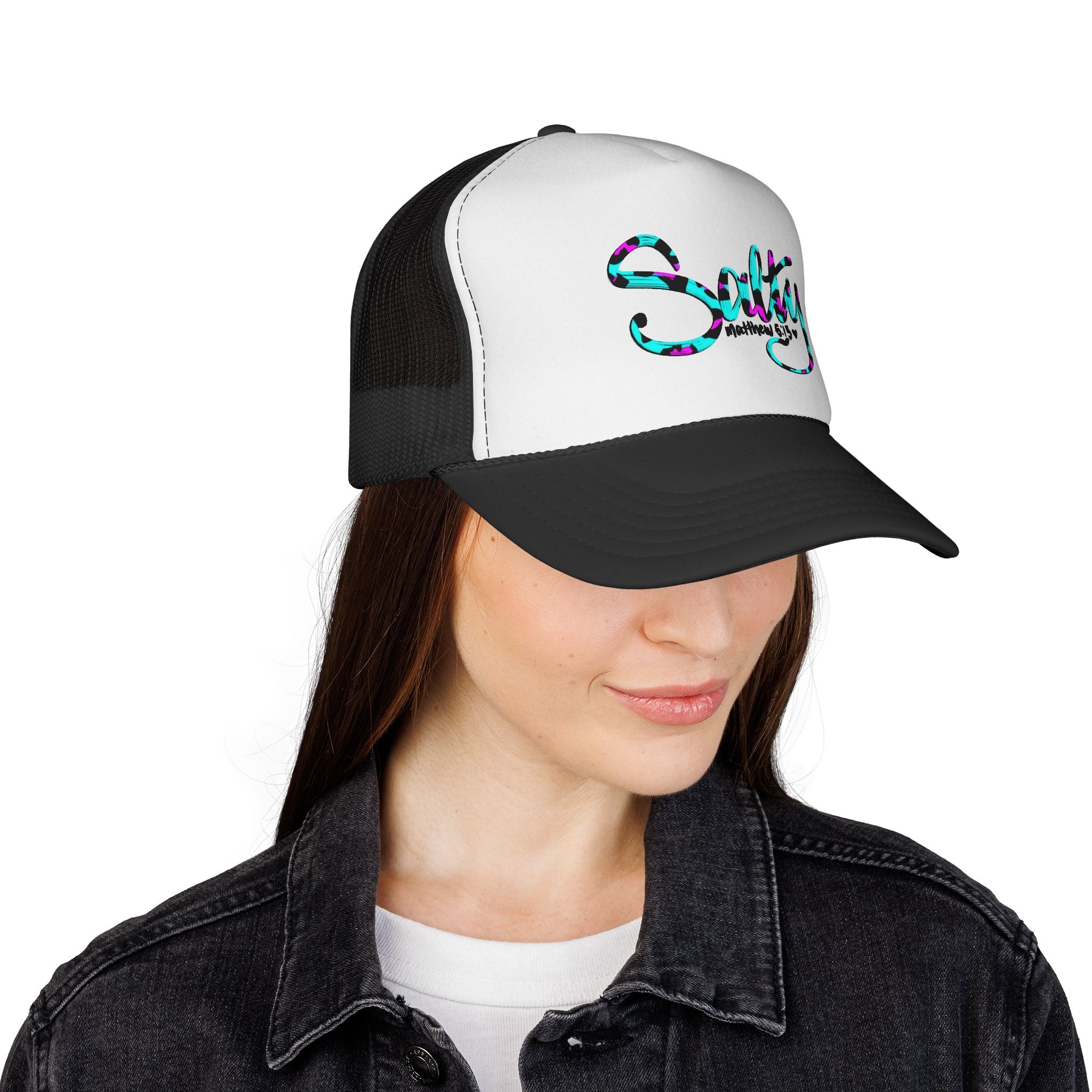 Salty Script Trucker Cap — Colorful Leopard Print Beach Vibe Hat