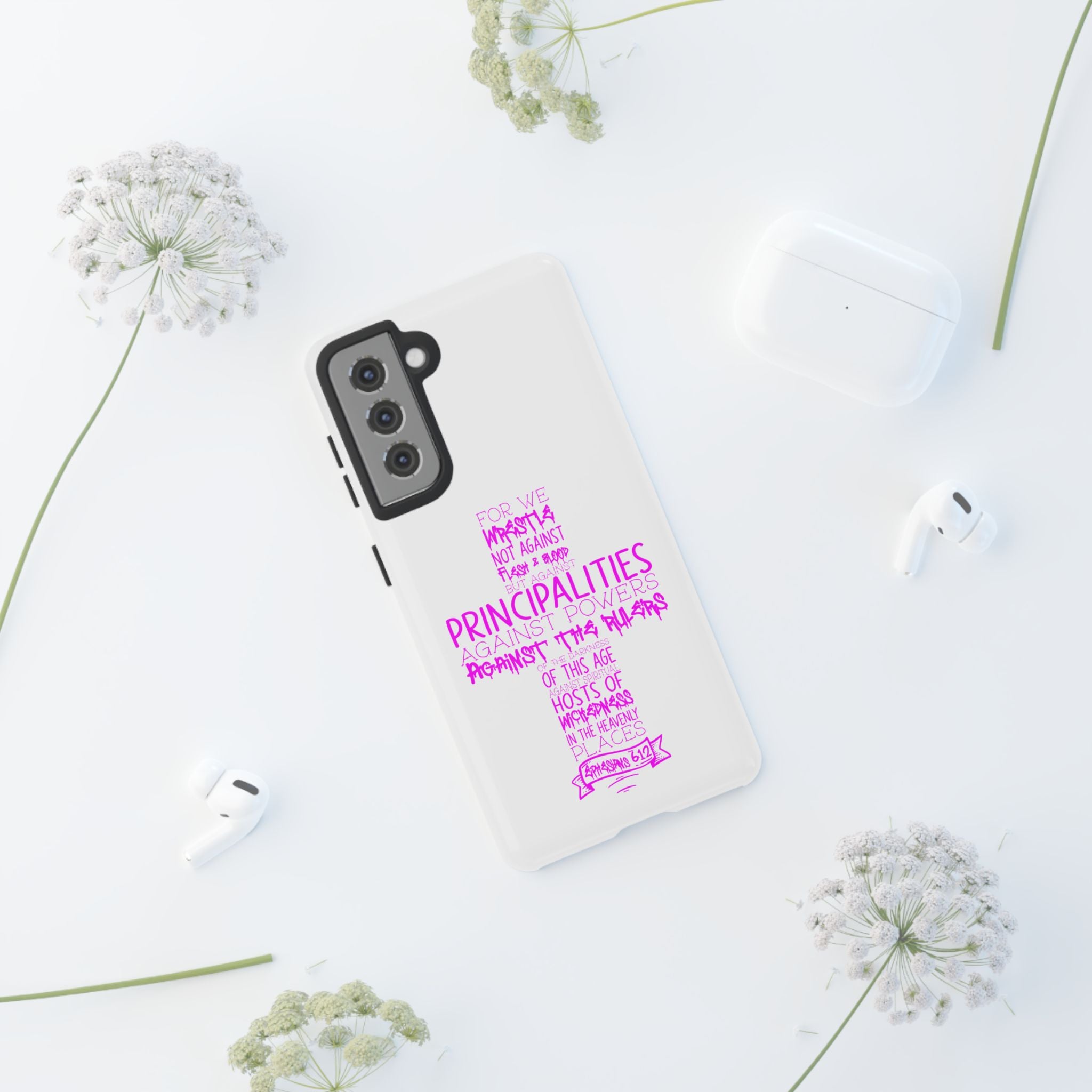 Armor of God Christian Cross Phone Case — Ephesians 6:12 Pink Typography Tough Case