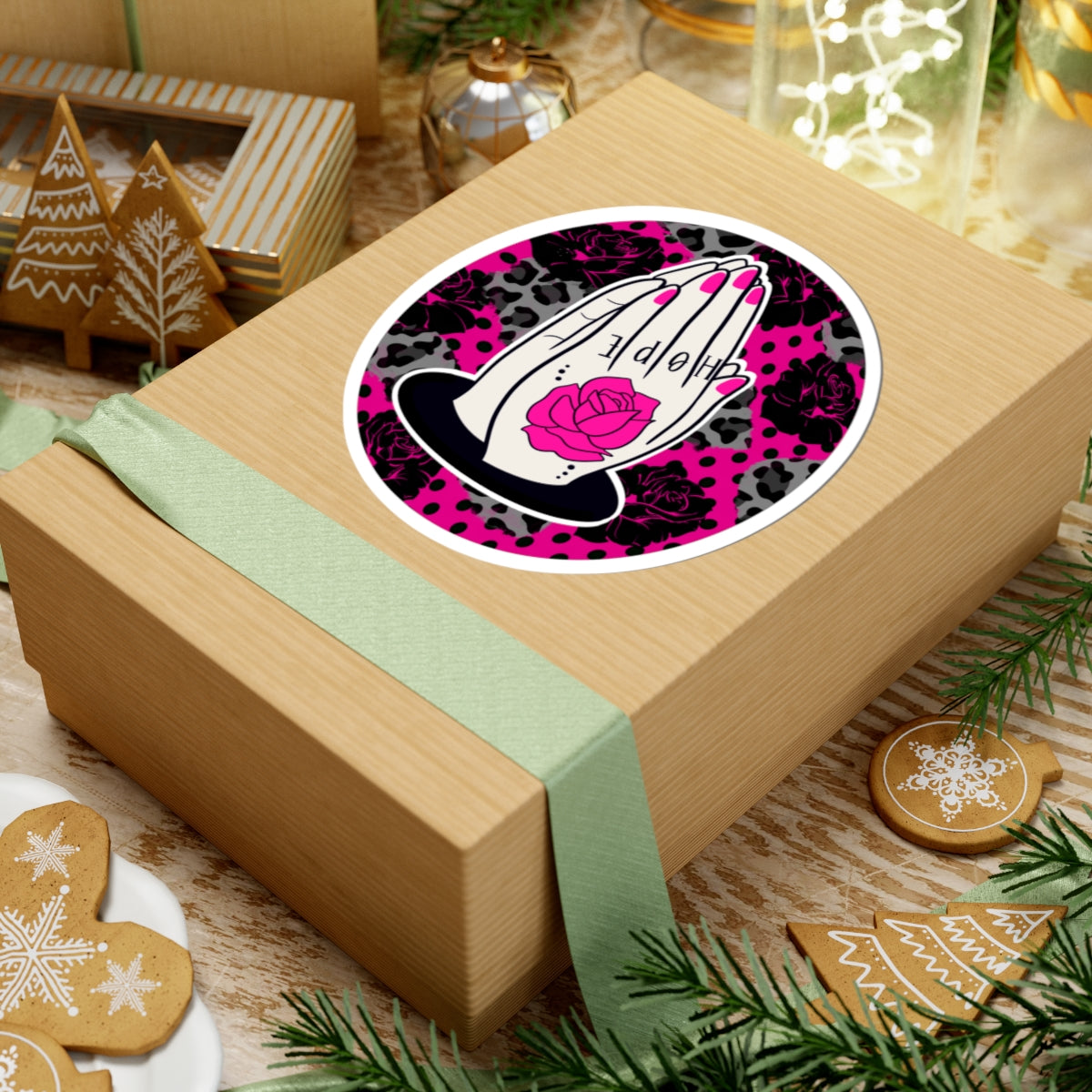 Praying Hands Rose Sticker — Pink Leopard Kiss-Cut Vinyl Sticker