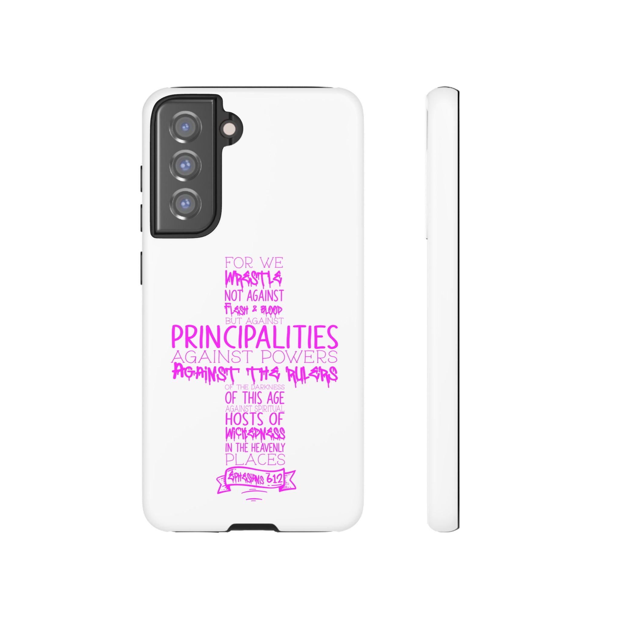 Armor of God Christian Cross Phone Case — Ephesians 6:12 Pink Typography Tough Case
