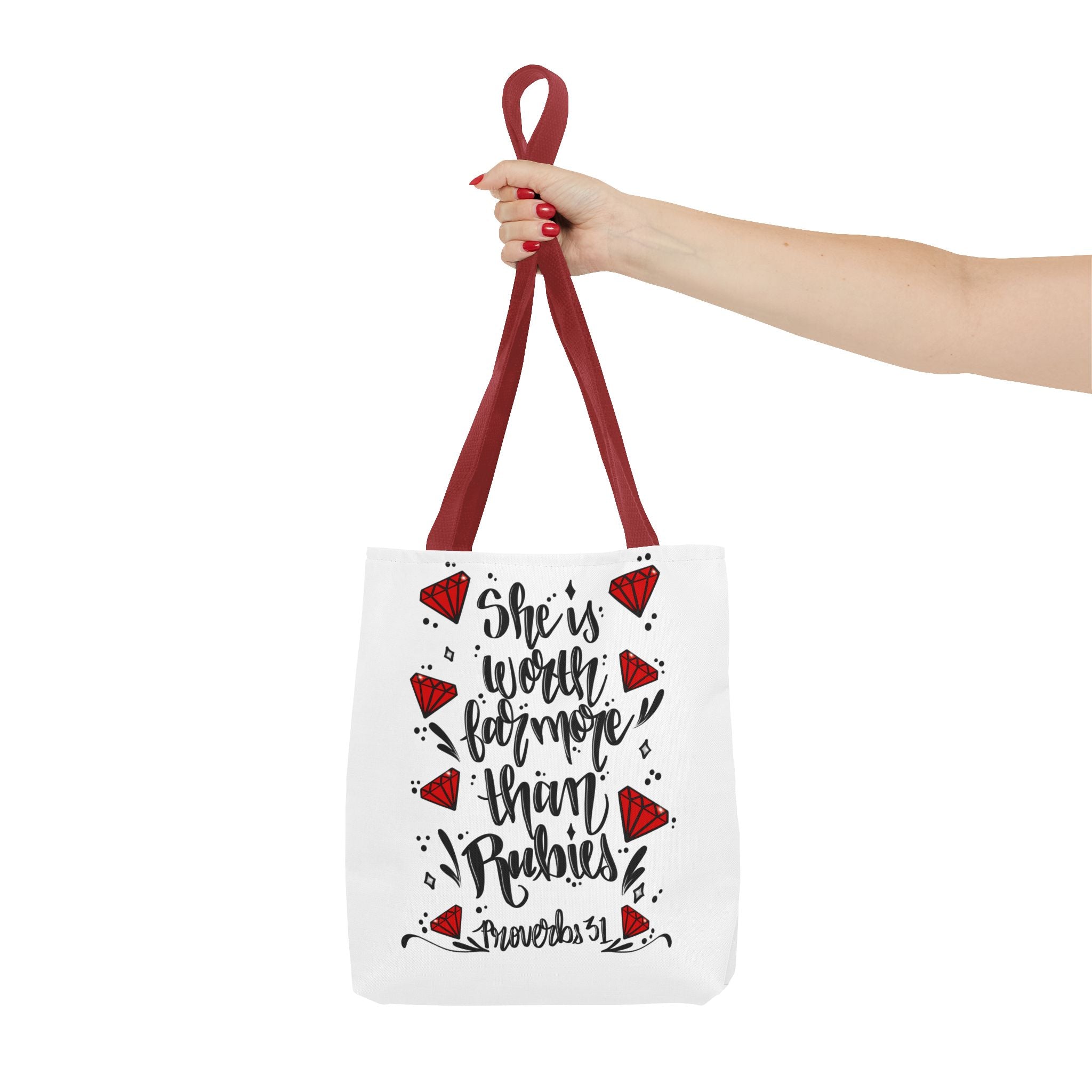 Tote Bag — "She’s Worth Far More Than Rubies" Inspirational Proverbs 31 Scripture Tote