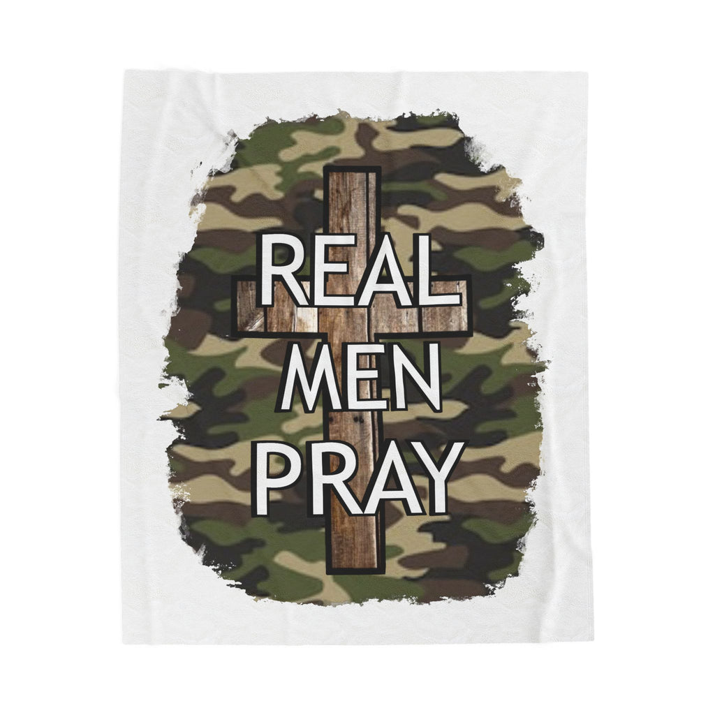 Velveteen Plush Blanket - Camouflage 'Real Men Pray' Cross Christian Throw