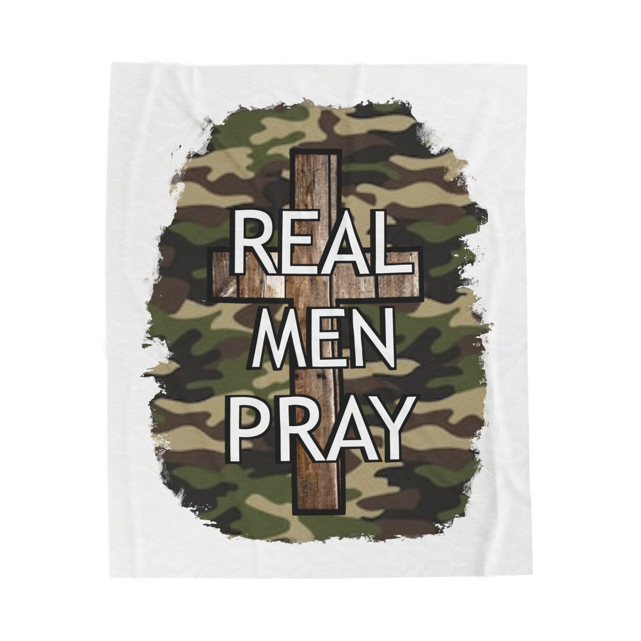 Velveteen Plush Blanket - Camouflage 'Real Men Pray' Cross Christian Throw
