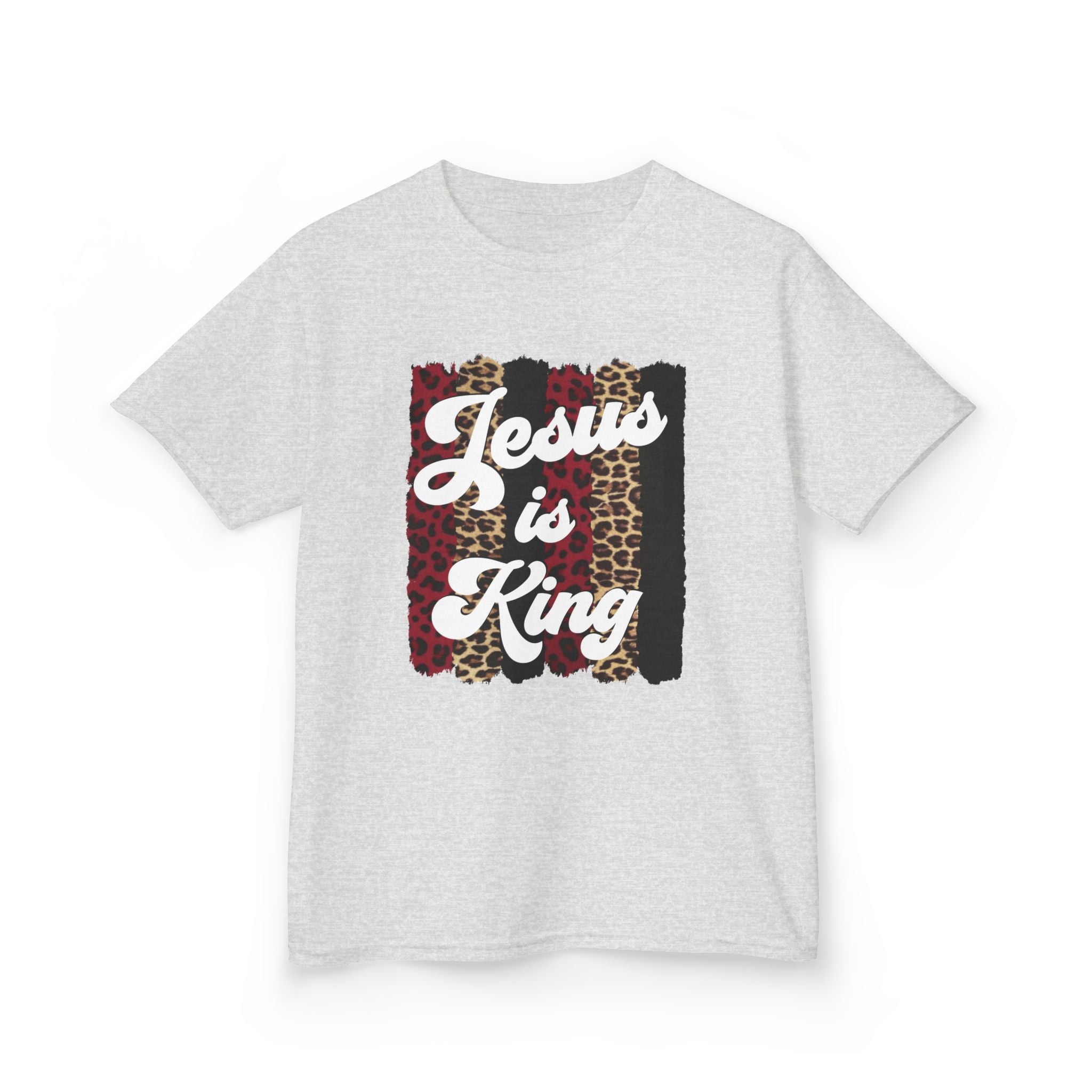 Kids Tee — "Jesus is King" Leopard & Plaid Christian Graphic