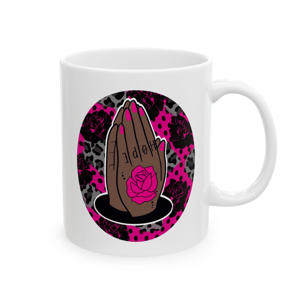 Pink Black Hope Ceramic Mug — Prayer Hands Coffee Cup (11oz & 15oz)