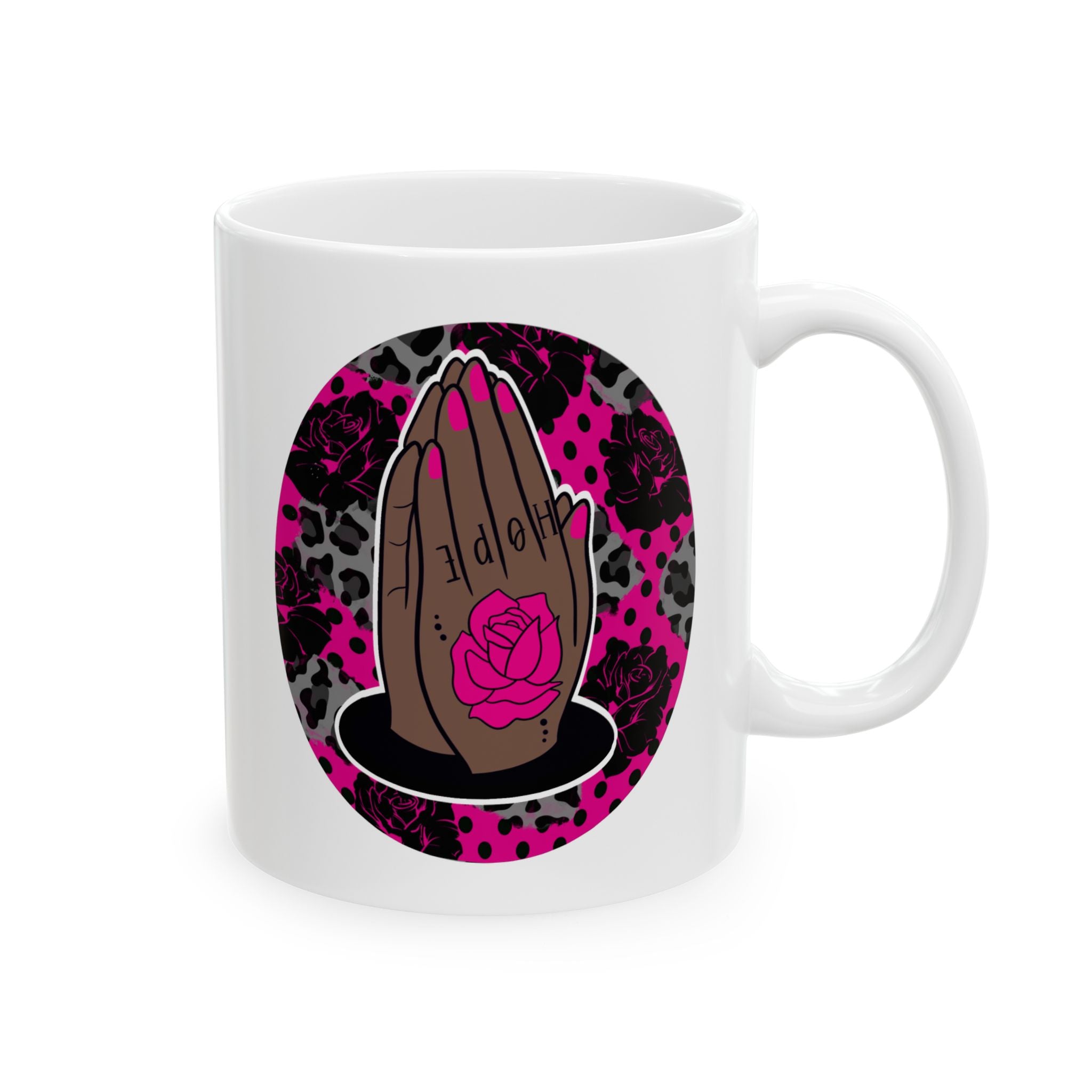 Pink Black Hope Ceramic Mug — Prayer Hands Coffee Cup (11oz & 15oz)