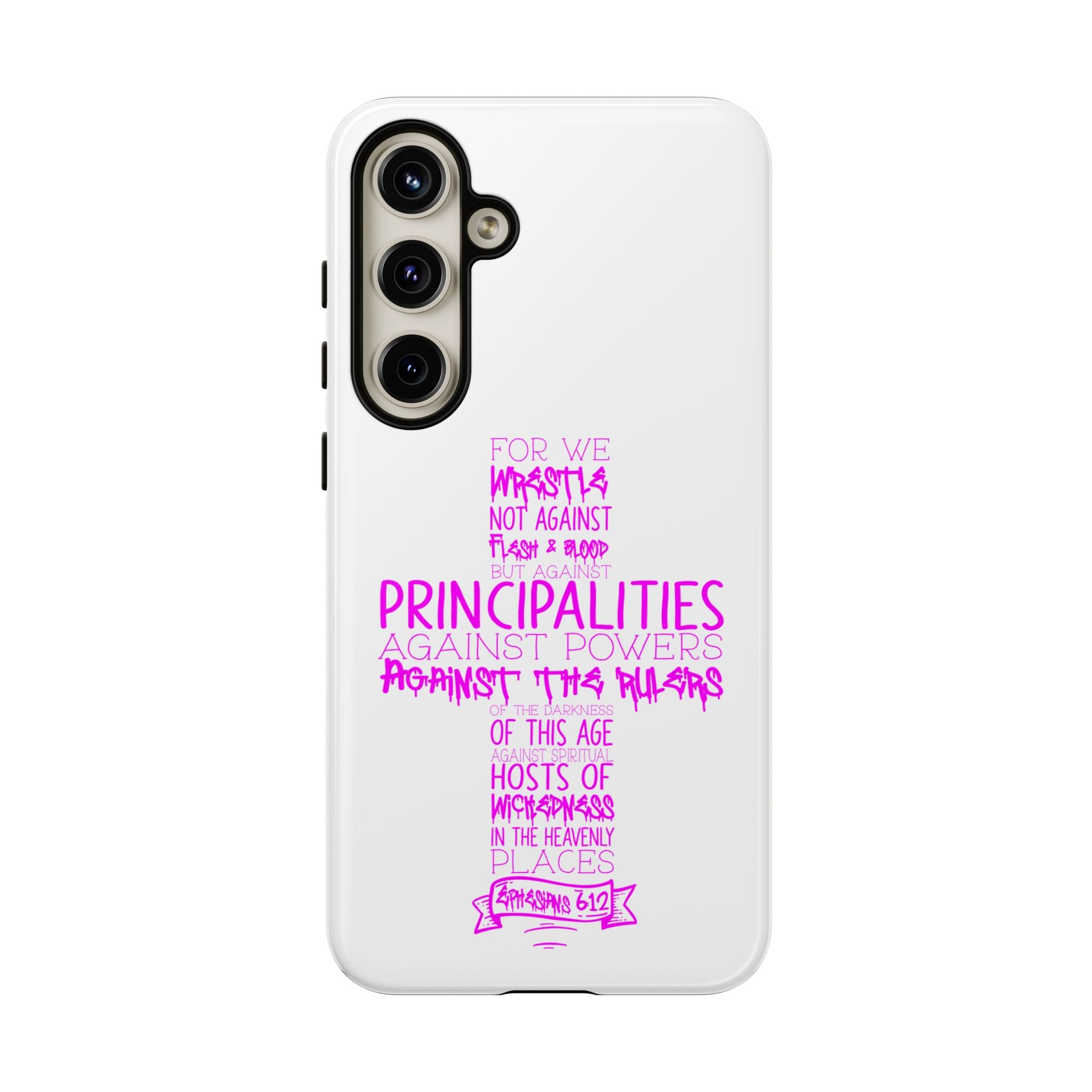 Armor of God Christian Cross Phone Case — Ephesians 6:12 Pink Typography Tough Case