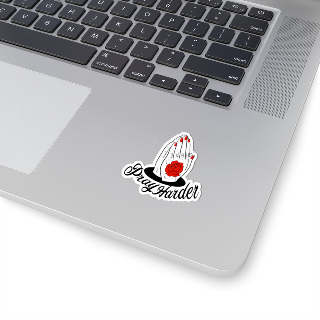 Pray Harder Kiss-Cut Sticker — Red Rose Praying Hands Vinyl Sticker