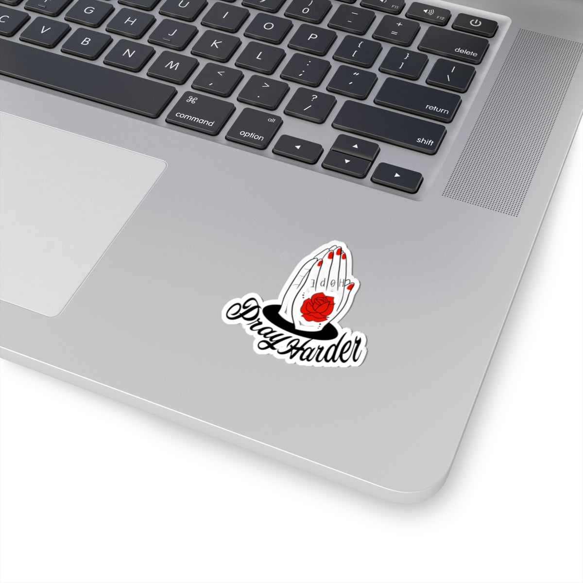 Pray Harder Kiss-Cut Sticker — Red Rose Praying Hands Vinyl Sticker