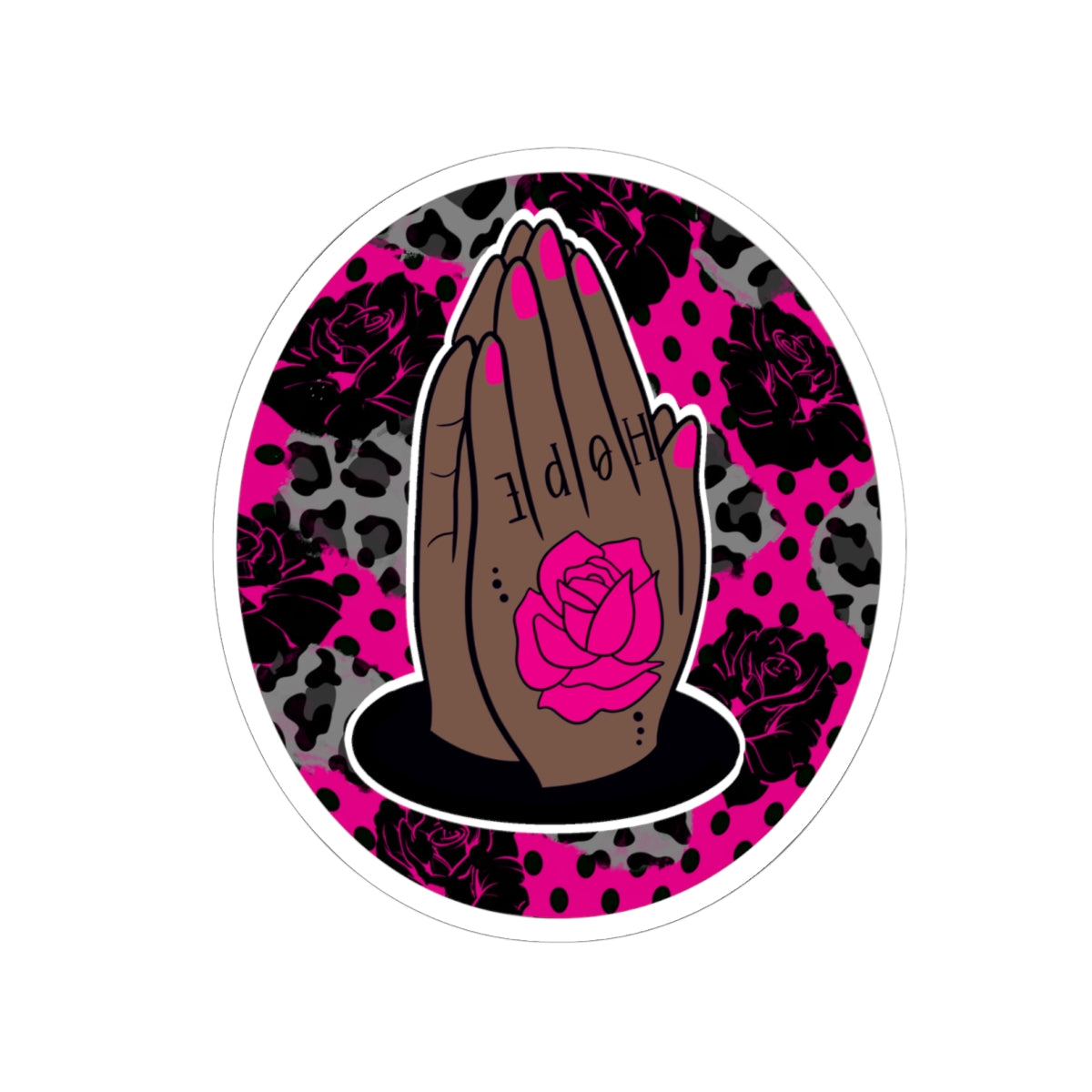 Praying Hands Rose Sticker — Pink Leopard Kiss-Cut Vinyl Sticker
