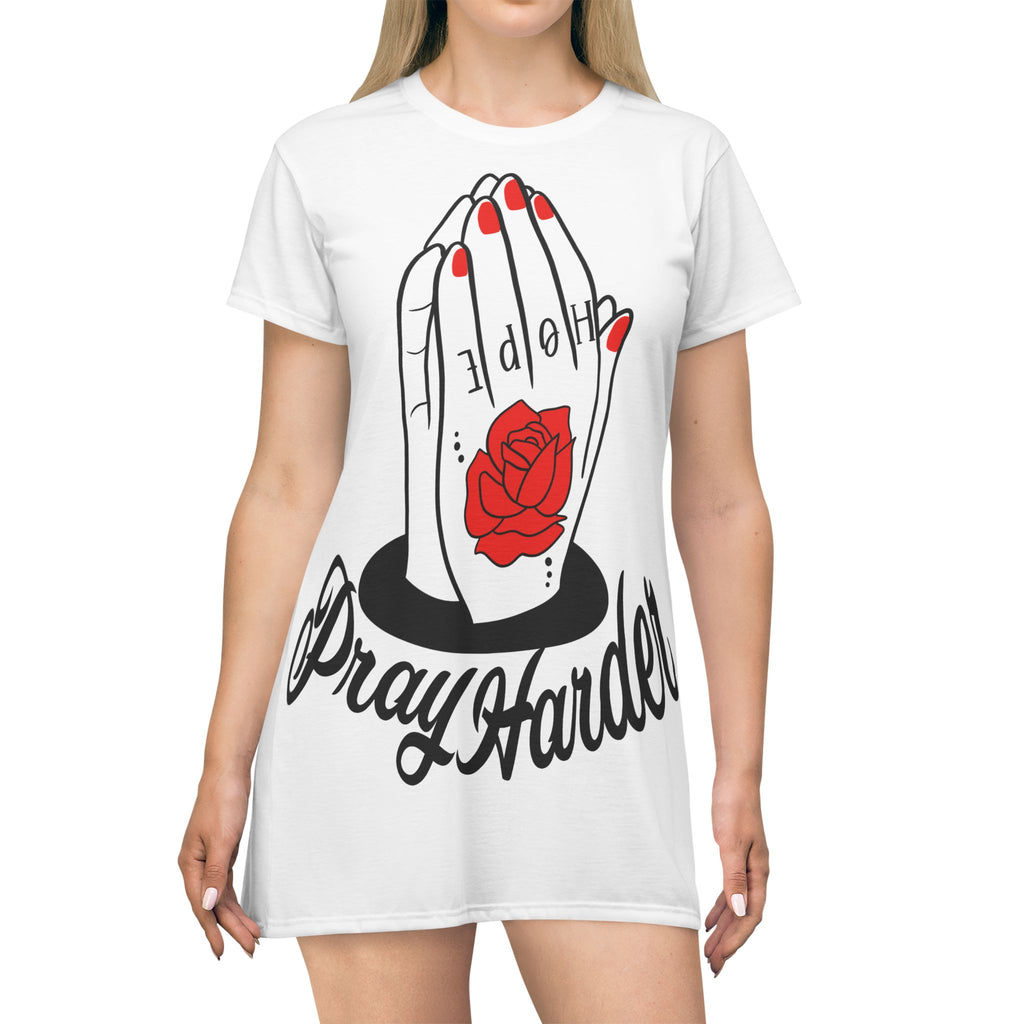 Pray Harder T‑Shirt Dress — Graphic Prayer Hands with Rose