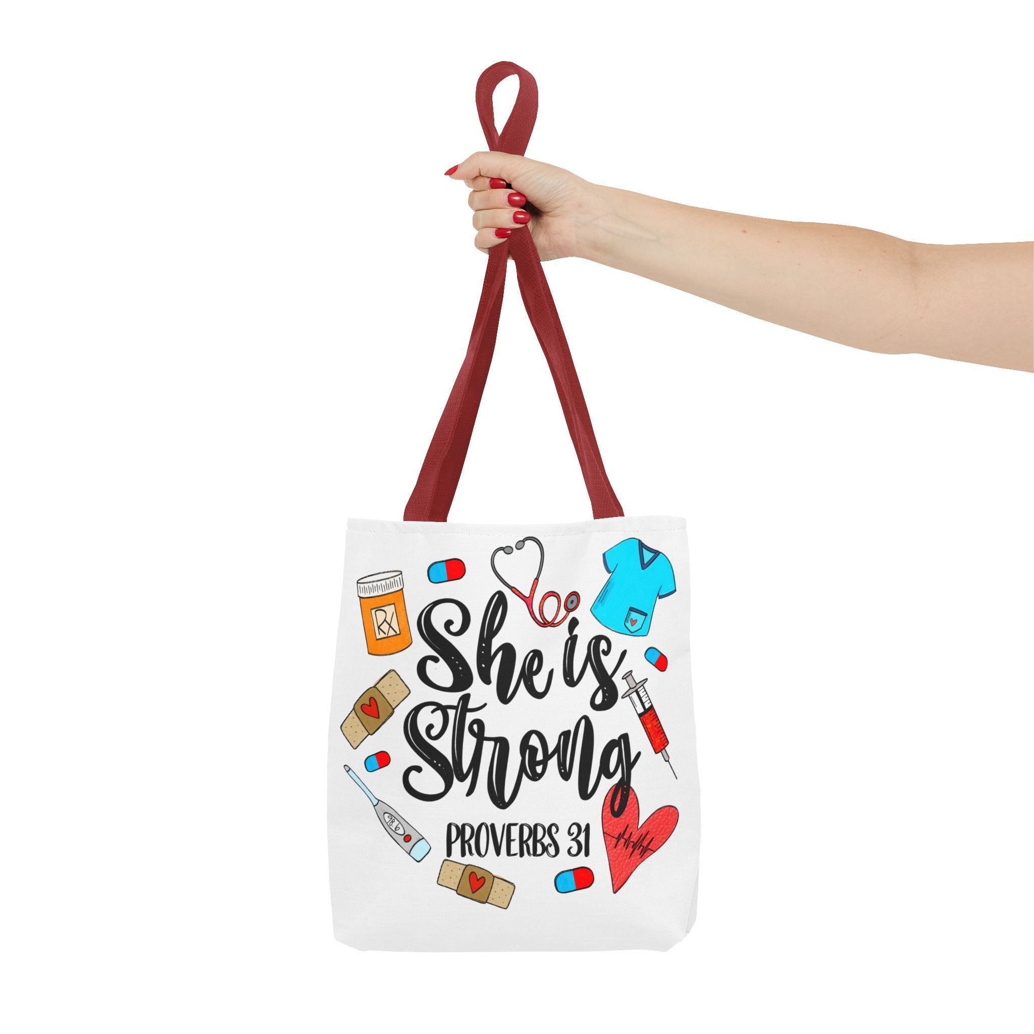 She Is Strong Tote Bag - Proverbs 31 Nurse & Healthcare Inspirational Canvas Tote