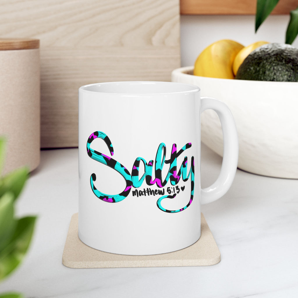 Salty Bible Verse Scripture Coffee Mug — Colorful Teal Leopard Accent (11oz & 15oz)