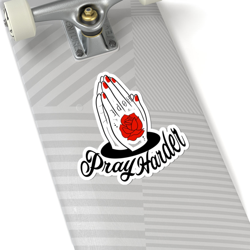 Pray Harder Kiss-Cut Sticker — Red Rose Praying Hands Vinyl Sticker