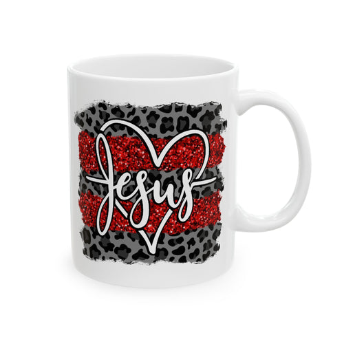 Ceramic Mug - Red Glitter Heart & Leopard Print "Jesus" Design (11oz, 15oz)