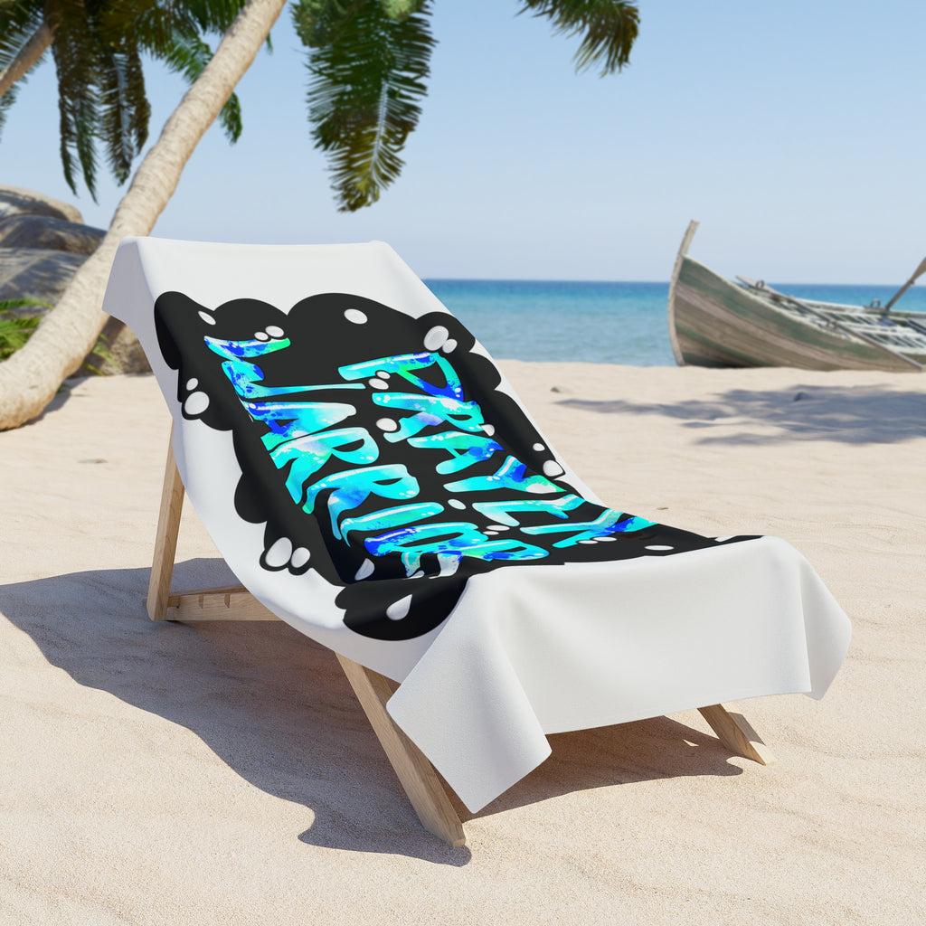 Prayer Warrior Beach Towel — Bold Aqua Typography Christian Faith Towel