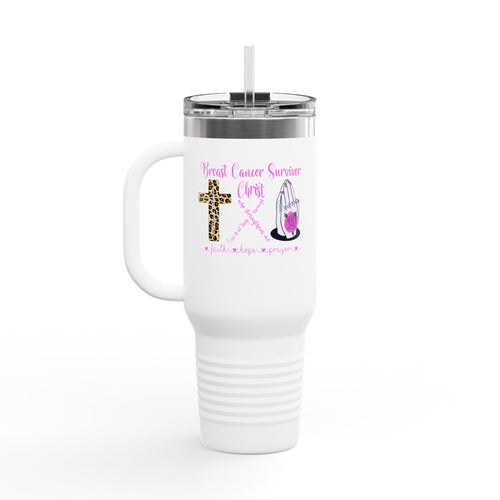 Breast Cancer Survivor 40oz Insulated Travel Mug – Faith, Hope & Prayer Design