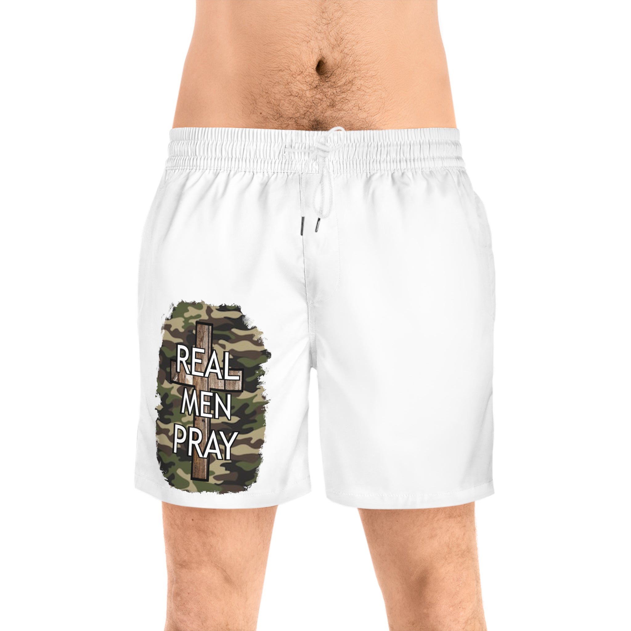 Men's Swim Shorts — "Real Men Pray" Camo Cross Beach Trunks