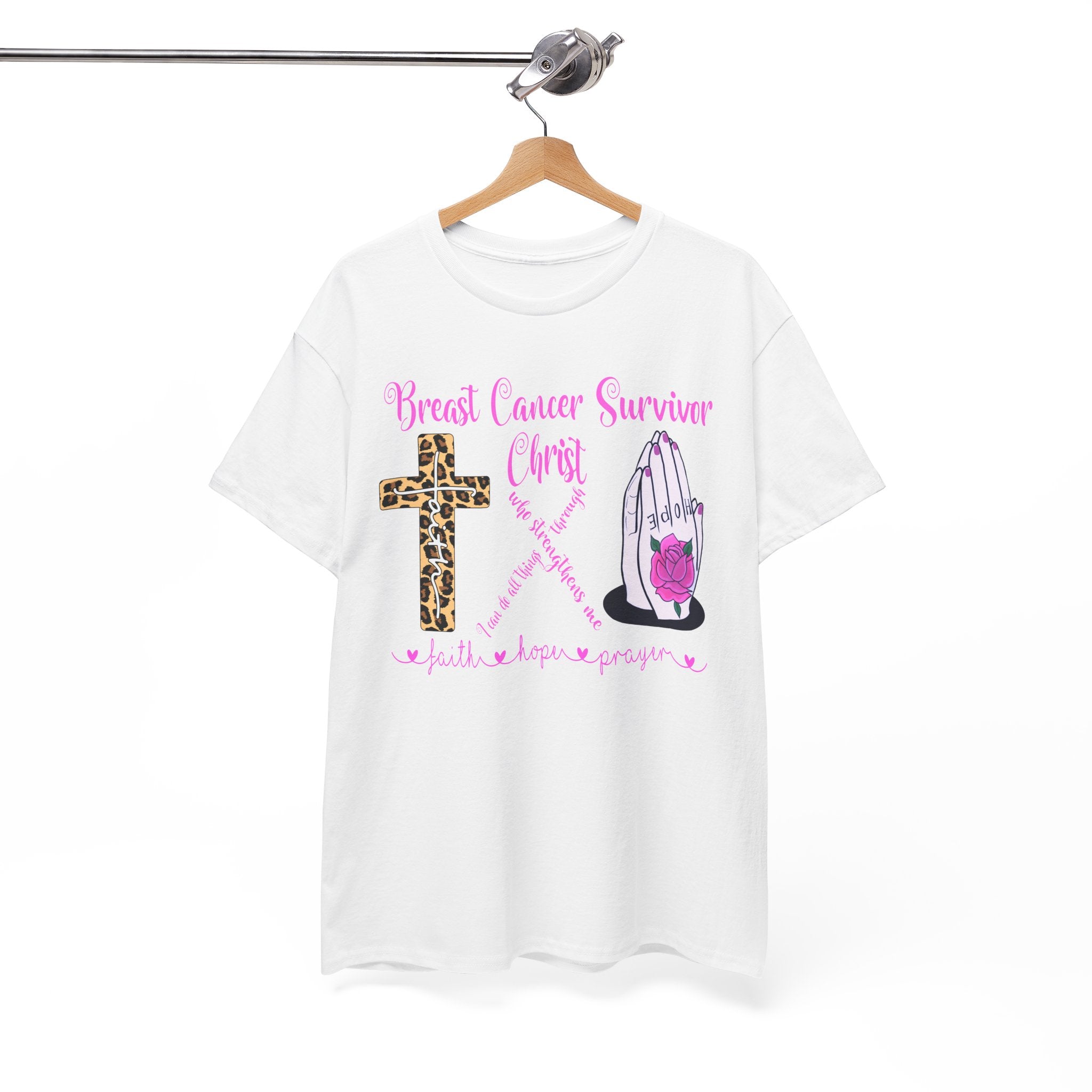 Breast Cancer Survivor Tee – Leopard Cross & Praying Hands Pink Ribbon Shirt