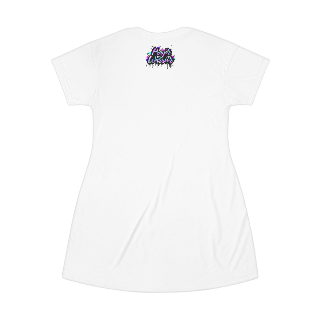 Prayer Warrior T‑Shirt Dress — Faith Graphic Dress with Colorful Graffiti Script