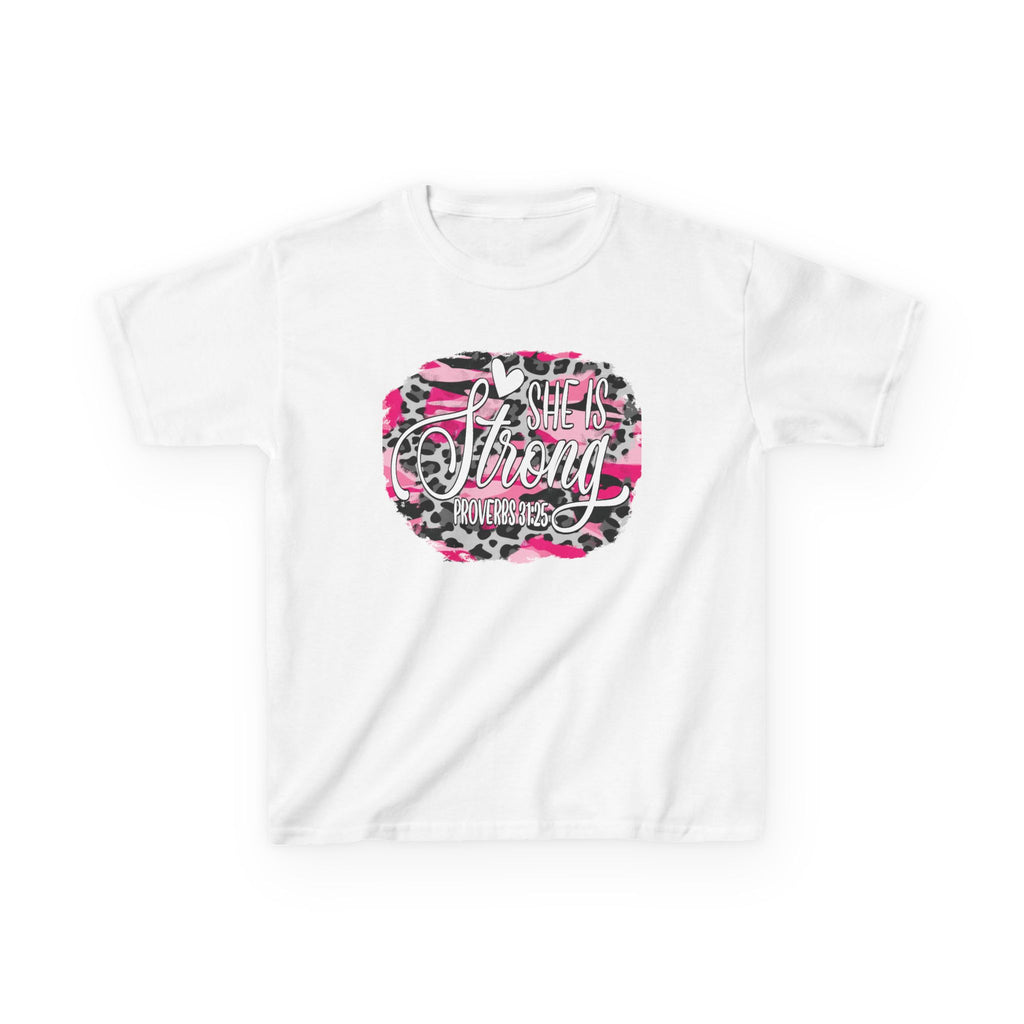 Kids Tee — She Is Strong Bible Verse Pink Camo Tee