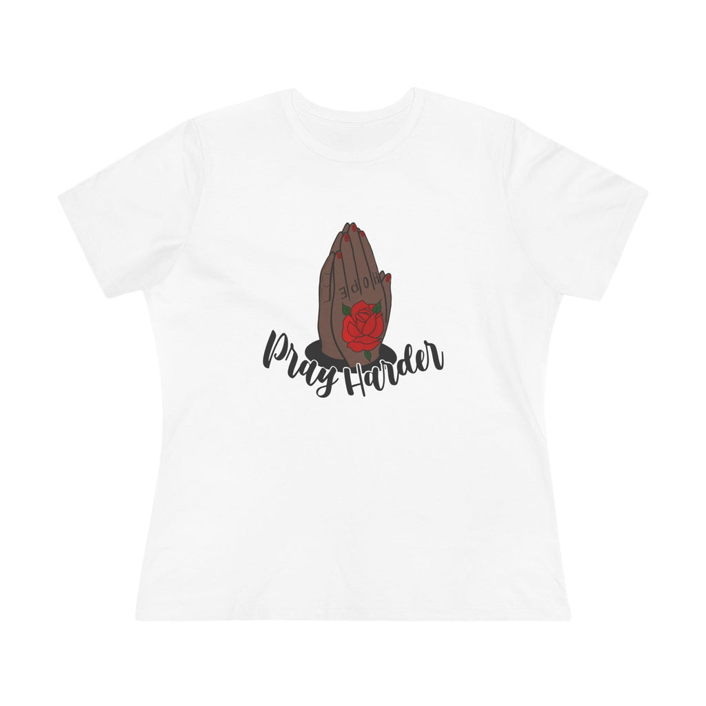 Pray Harder Women's Tee — Praying Hands with Red Rose Spiritual Christian Shirt